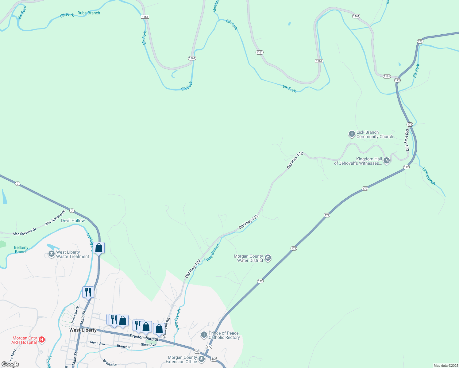 map of restaurants, bars, coffee shops, grocery stores, and more near 933 Old Highway 172 in West Liberty
