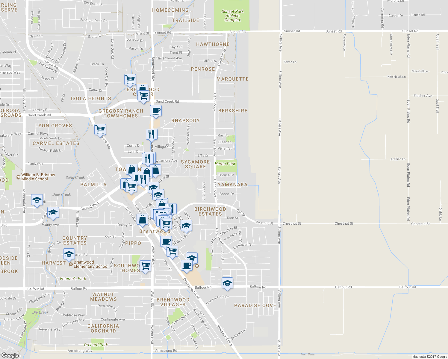 map of restaurants, bars, coffee shops, grocery stores, and more near 981 Finn Way in Brentwood