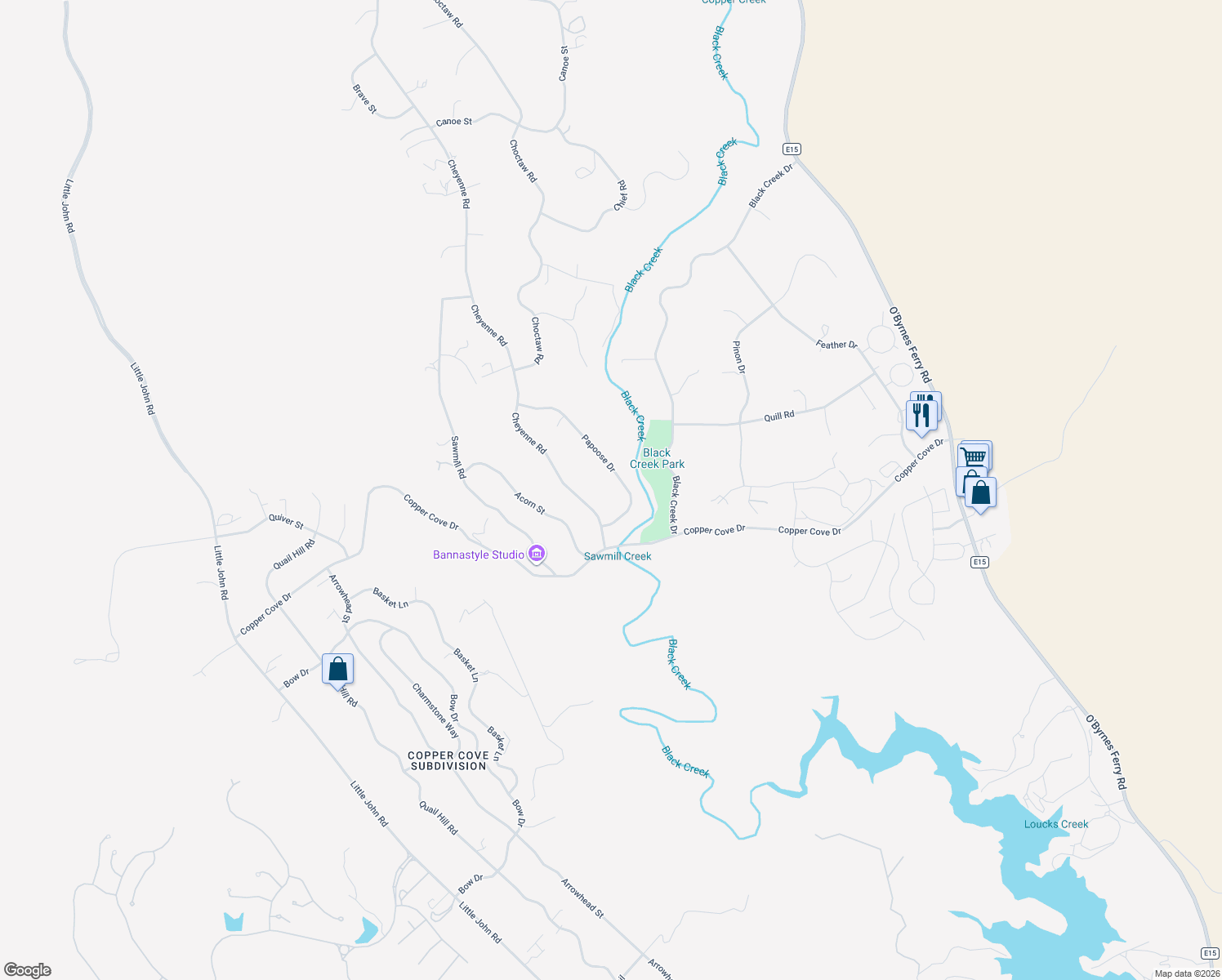map of restaurants, bars, coffee shops, grocery stores, and more near 1175 Papoose Drive in Copperopolis