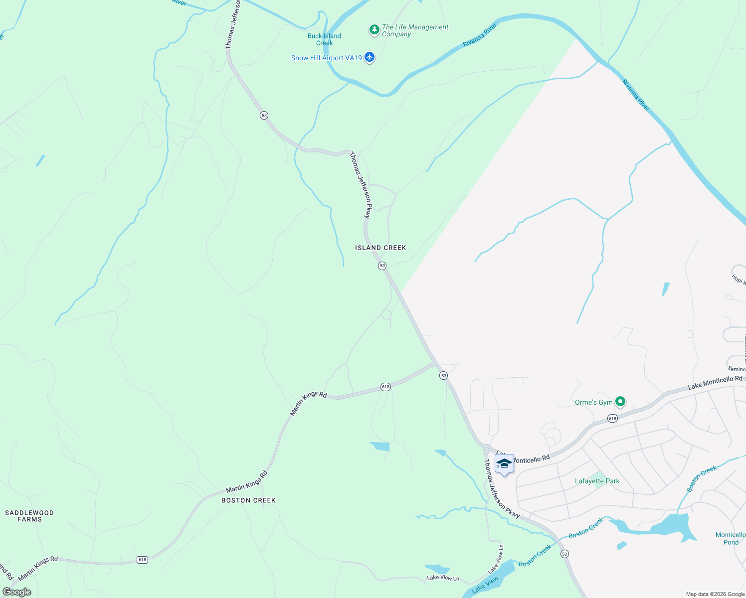 map of restaurants, bars, coffee shops, grocery stores, and more near 3605 Thomas Jefferson Parkway in Charlottesville