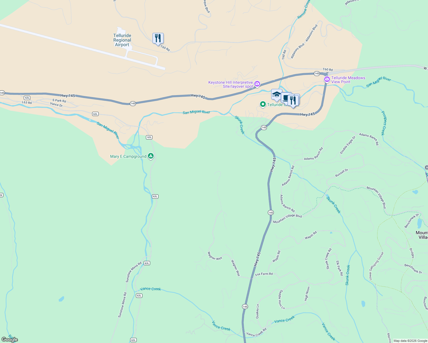 map of restaurants, bars, coffee shops, grocery stores, and more near 1422 Wagner Way in San Miguel County