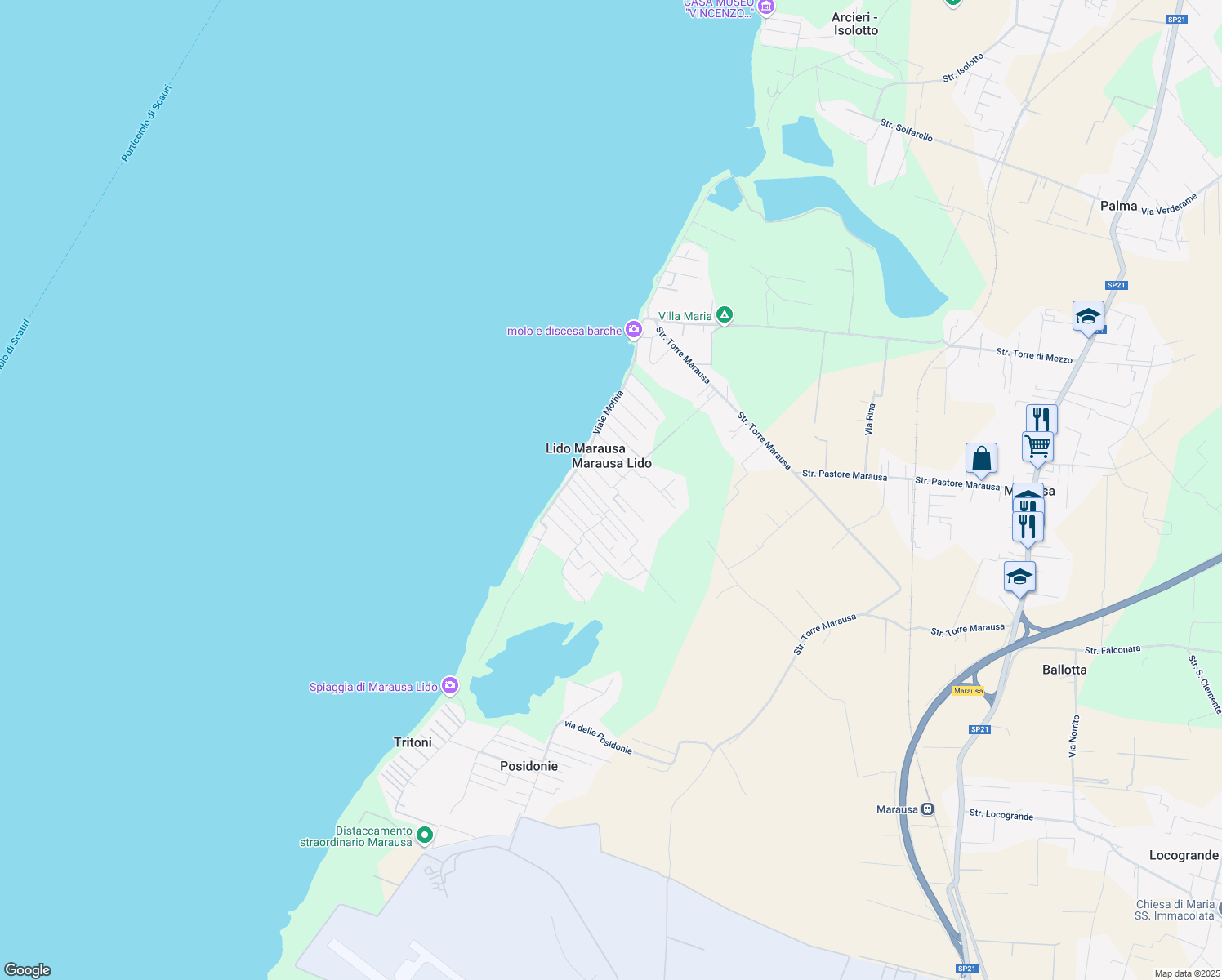 map of restaurants, bars, coffee shops, grocery stores, and more near 16 Via Cordelia in Marausa Lido