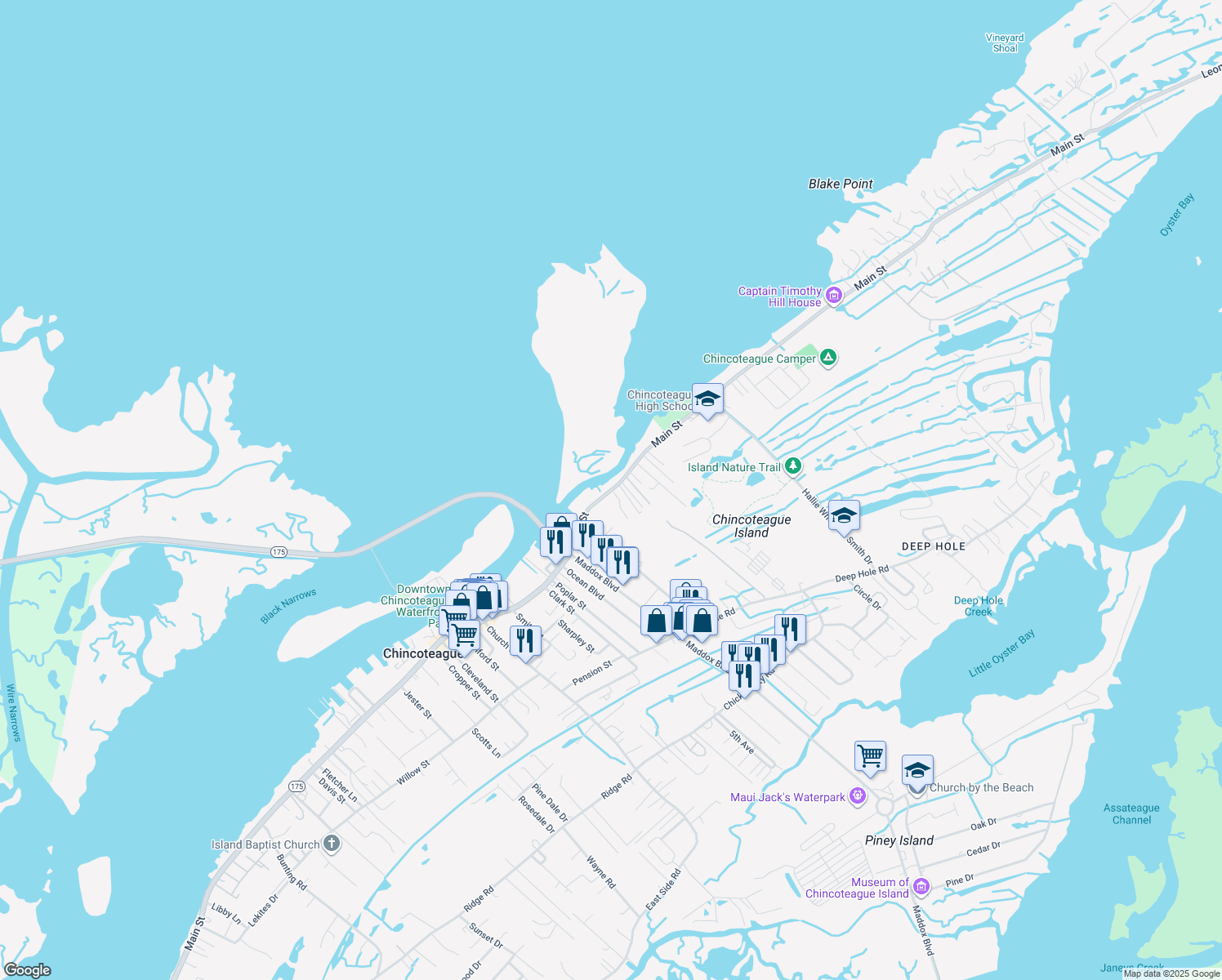 map of restaurants, bars, coffee shops, grocery stores, and more near 4402 Main St in Chincoteague Island