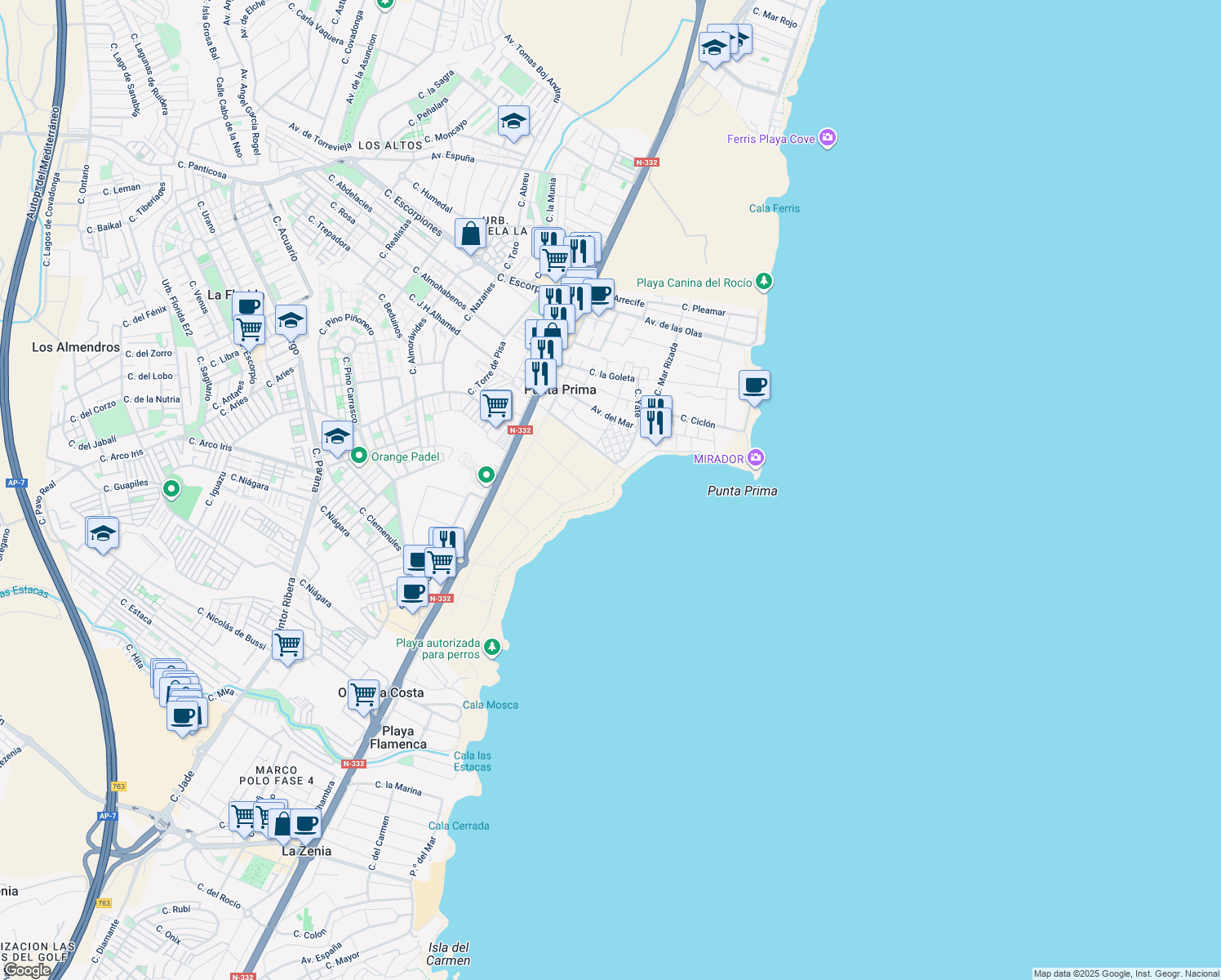 map of restaurants, bars, coffee shops, grocery stores, and more near 25 Calle Fragata P Pr in Orihuela