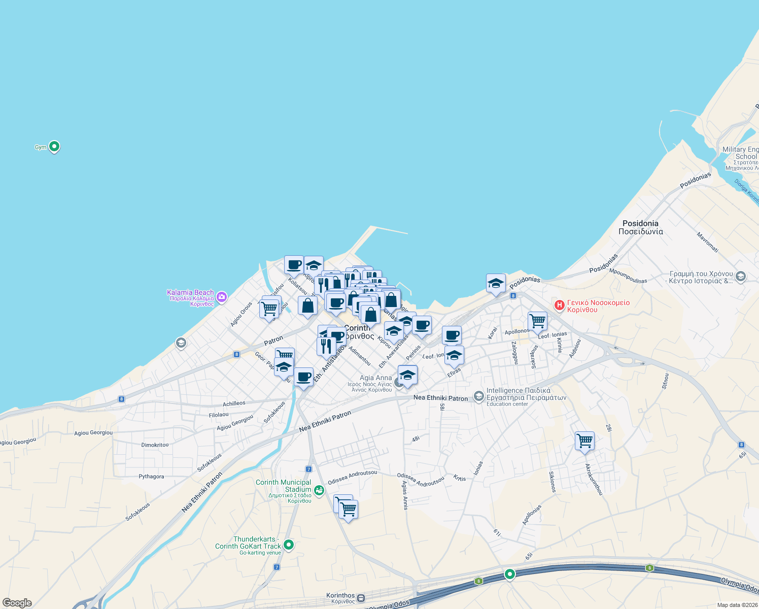 map of restaurants, bars, coffee shops, grocery stores, and more near in Korinthos