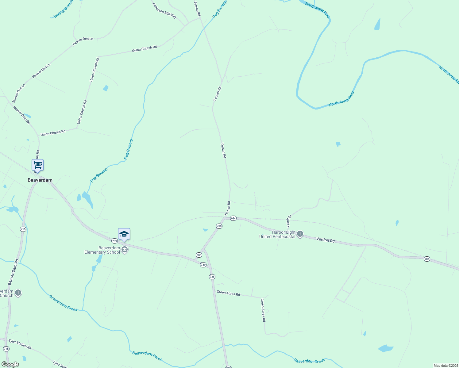 map of restaurants, bars, coffee shops, grocery stores, and more near 19377 Teman Road in Beaverdam