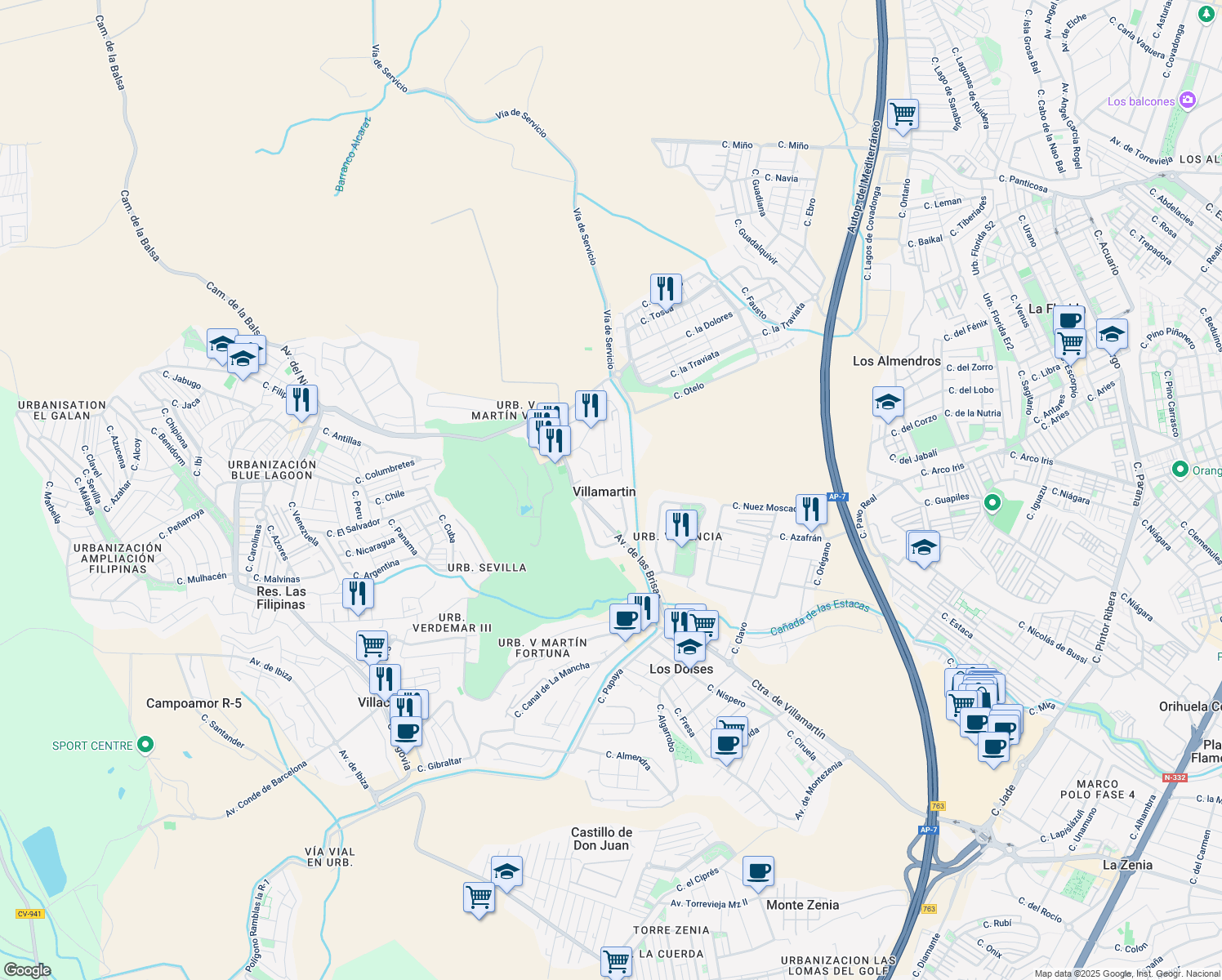 map of restaurants, bars, coffee shops, grocery stores, and more near 9 Calle Tramontana in Villamartín