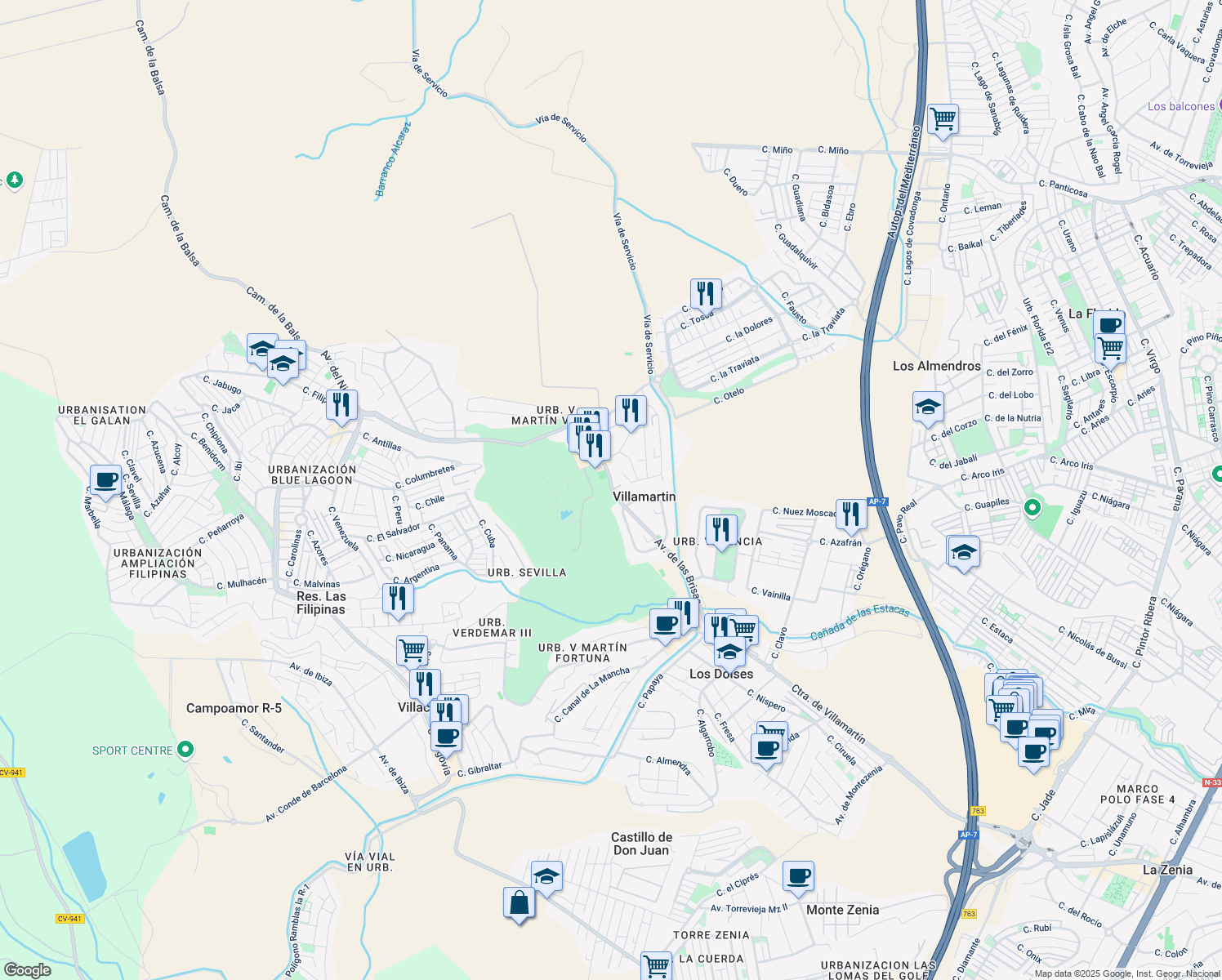 map of restaurants, bars, coffee shops, grocery stores, and more near Avenida de las Brisas in Villamartín