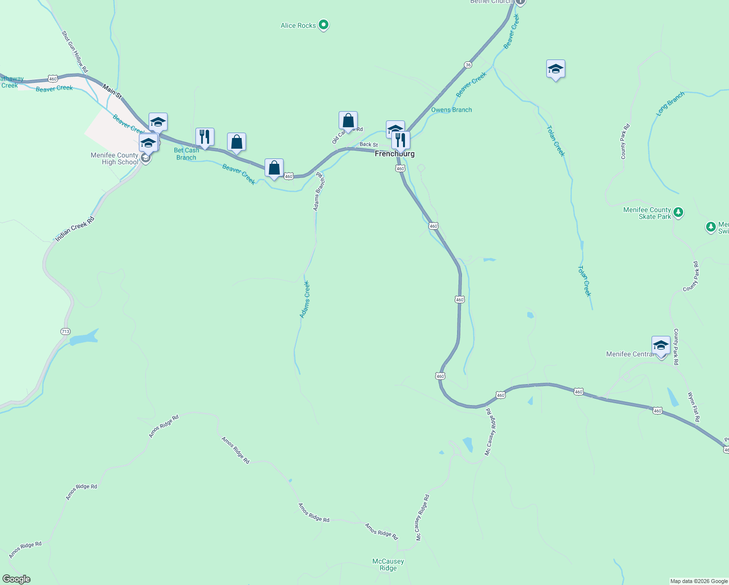 map of restaurants, bars, coffee shops, grocery stores, and more near in Frenchburg