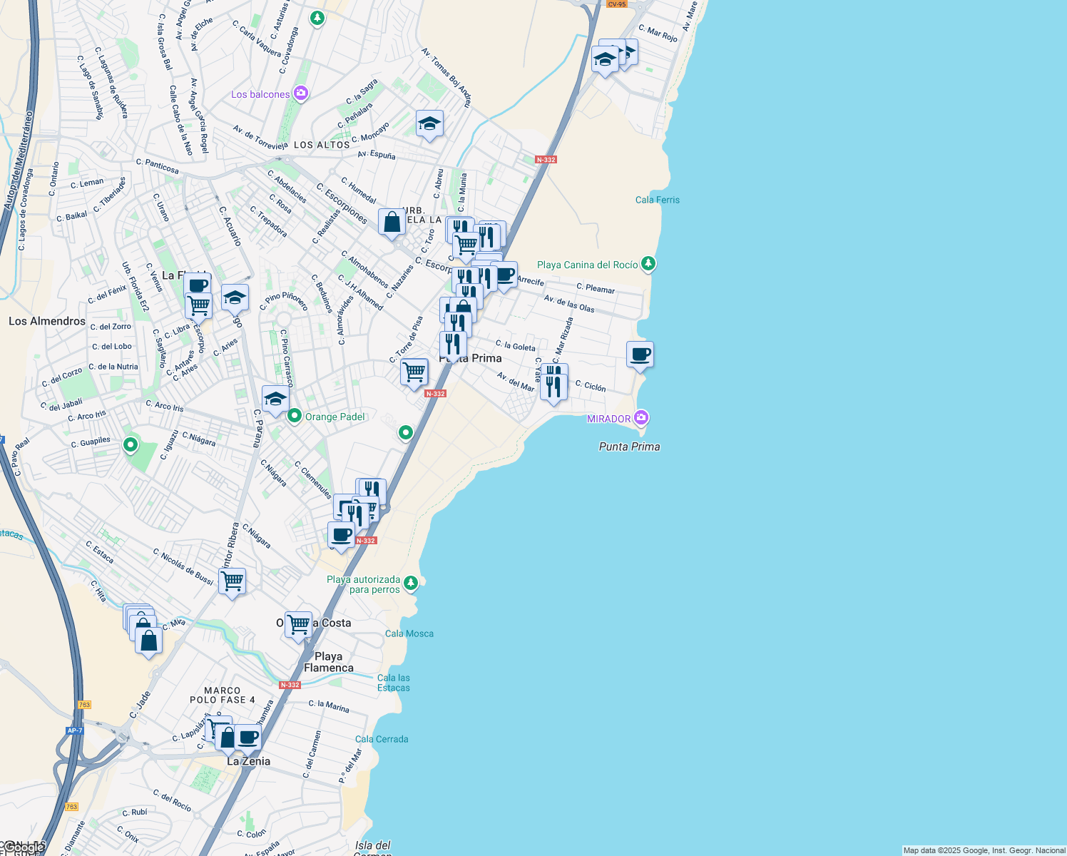 map of restaurants, bars, coffee shops, grocery stores, and more near Paseo de Marítimo-Punta Prima in Orihuela