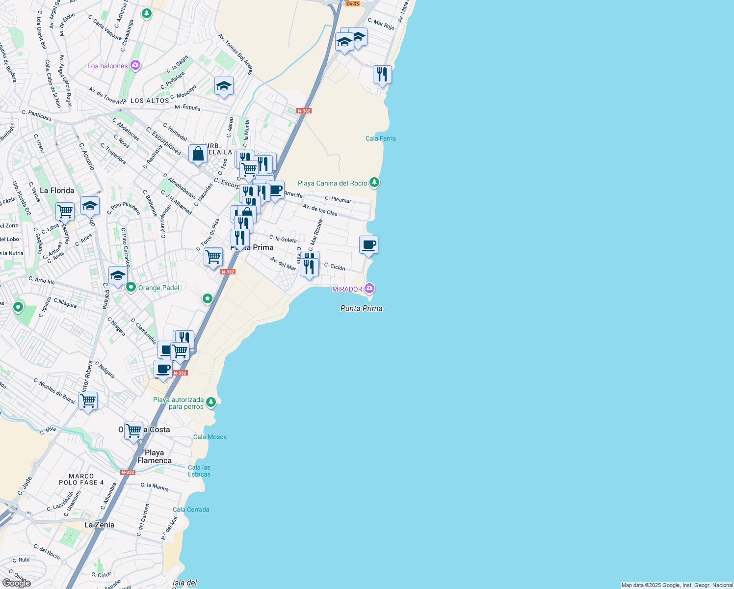 map of restaurants, bars, coffee shops, grocery stores, and more near 11 Paseo Marítimo P Pr in Alicante