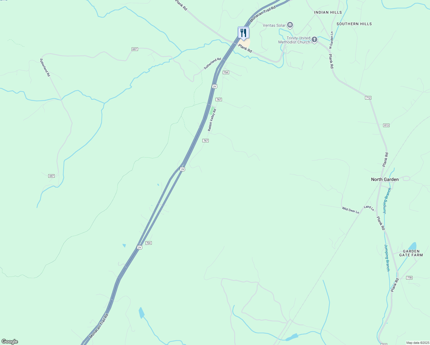 map of restaurants, bars, coffee shops, grocery stores, and more near Rabbit Valley Road in Albemarle County