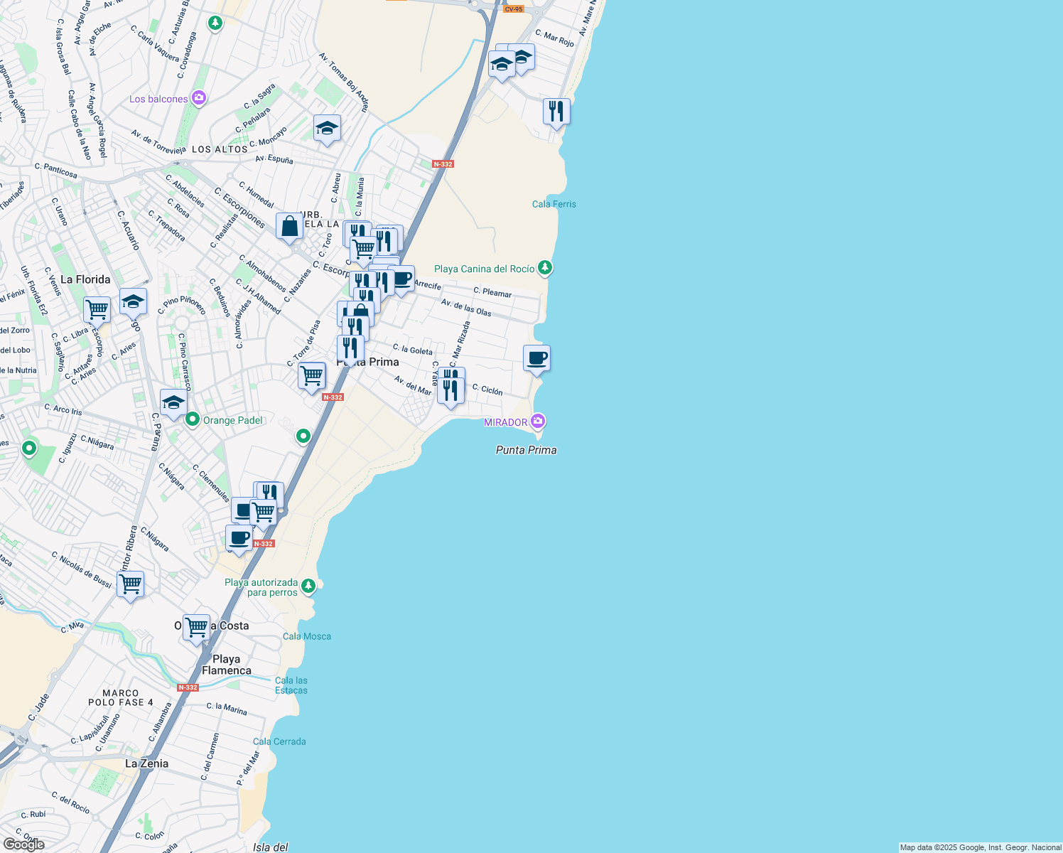 map of restaurants, bars, coffee shops, grocery stores, and more near 11 Paseo Marítimo P Pr in Alicante