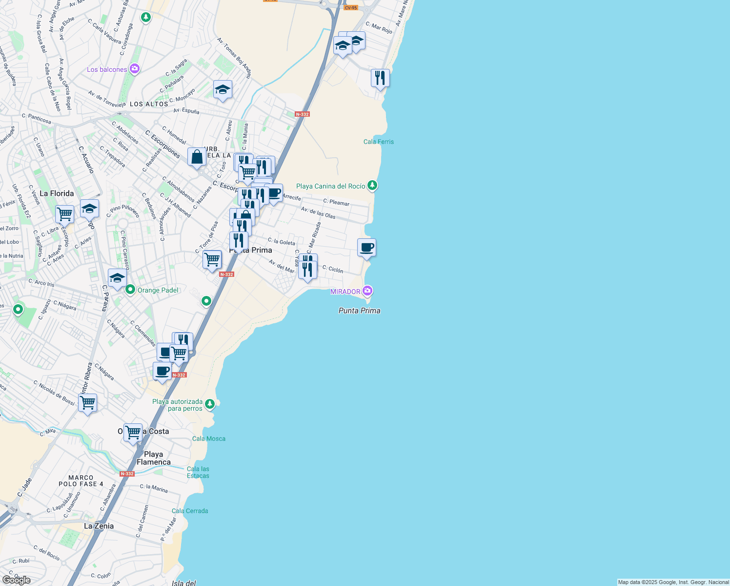 map of restaurants, bars, coffee shops, grocery stores, and more near 11 Passeig del Mar in Benidorm