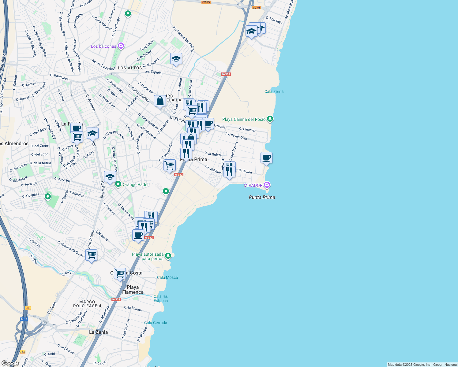 map of restaurants, bars, coffee shops, grocery stores, and more near 10 Calle de Bergantin-Punta Prima in Orihuela