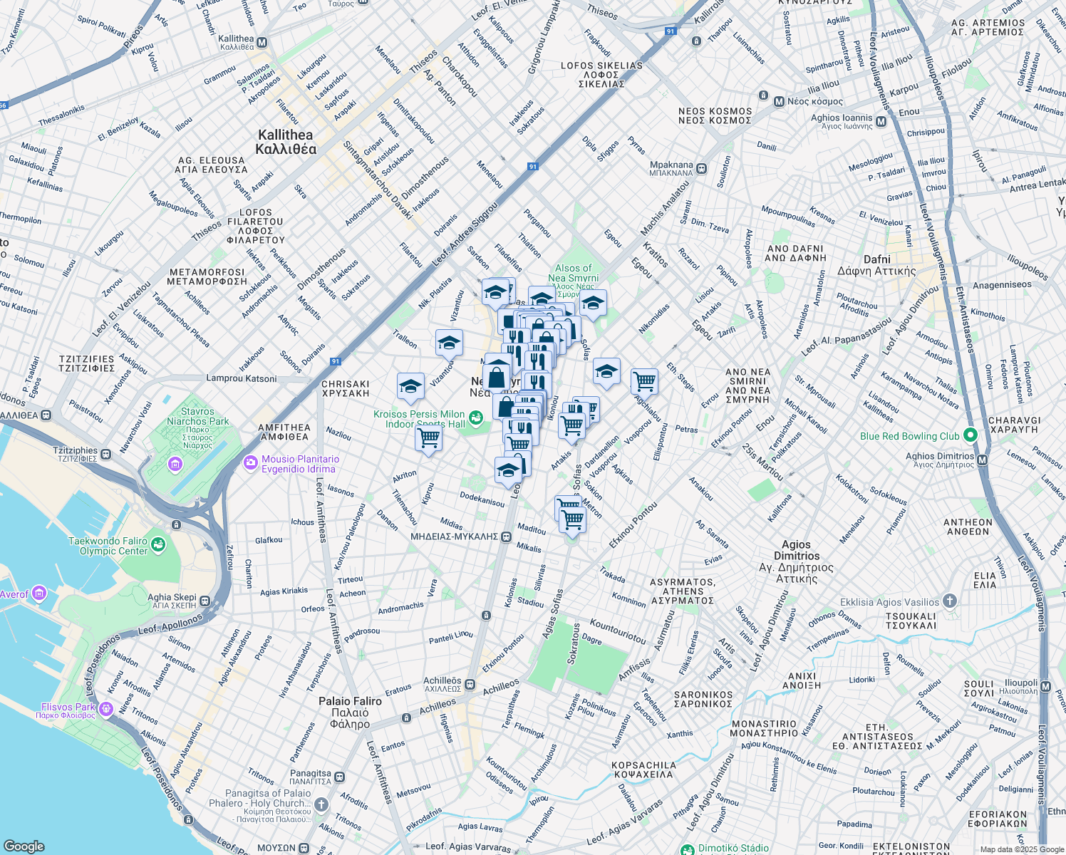 map of restaurants, bars, coffee shops, grocery stores, and more near 97 Leoforos Eleftheriou Venizelou in Nea Smirni
