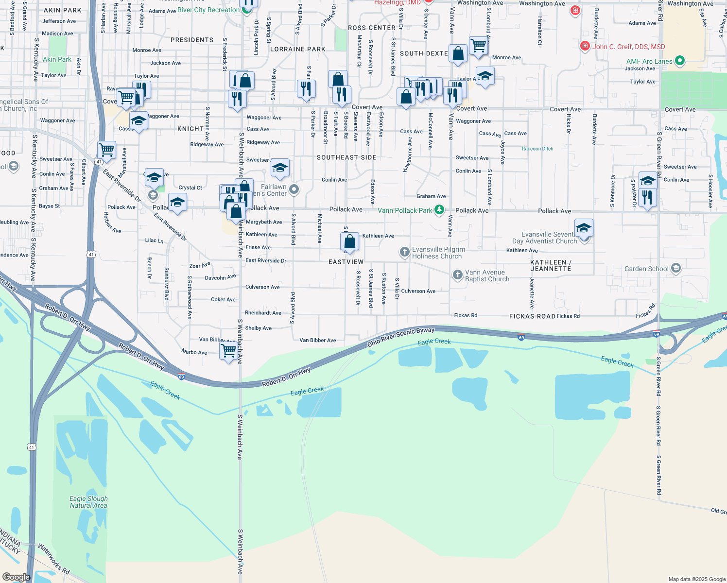 map of restaurants, bars, coffee shops, grocery stores, and more near 2457 Culverson Ave in Evansville