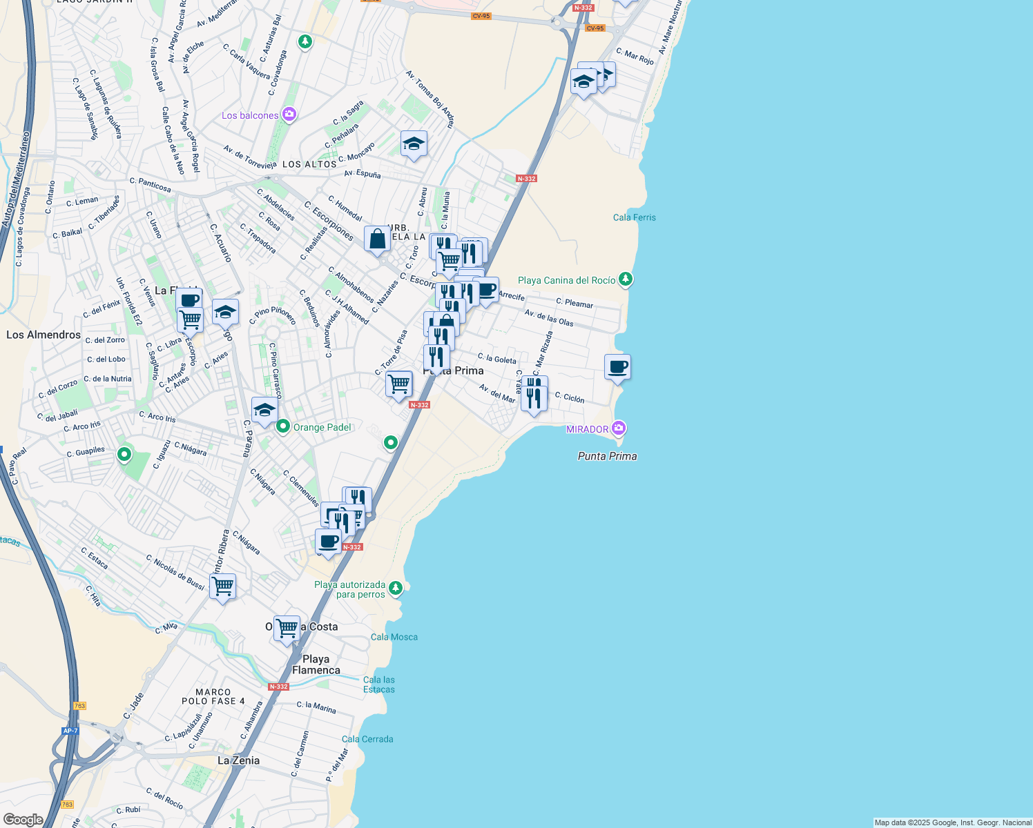 map of restaurants, bars, coffee shops, grocery stores, and more near 10 Calle Bergantín P Pr in Orihuela