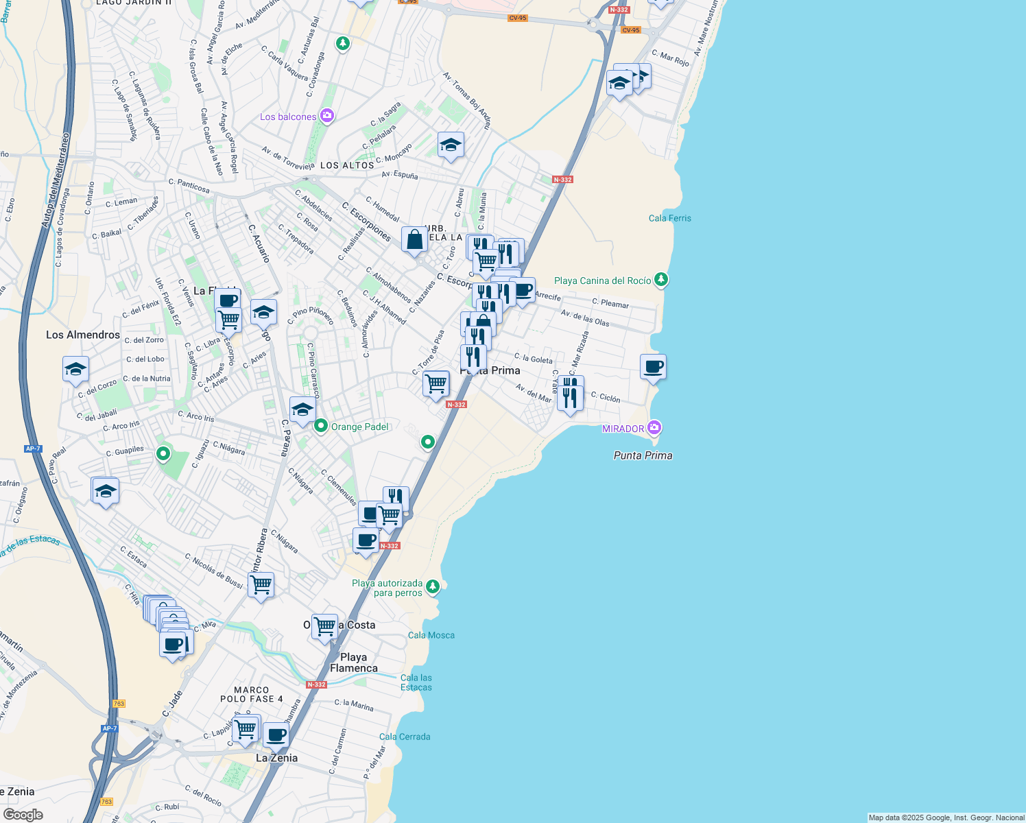 map of restaurants, bars, coffee shops, grocery stores, and more near 25 Calle Fragata P Pr in Orihuela