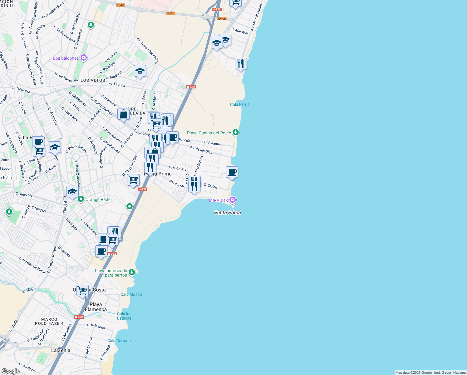 map of restaurants, bars, coffee shops, grocery stores, and more near 8 Urbanización Punta Prima in Torrevieja