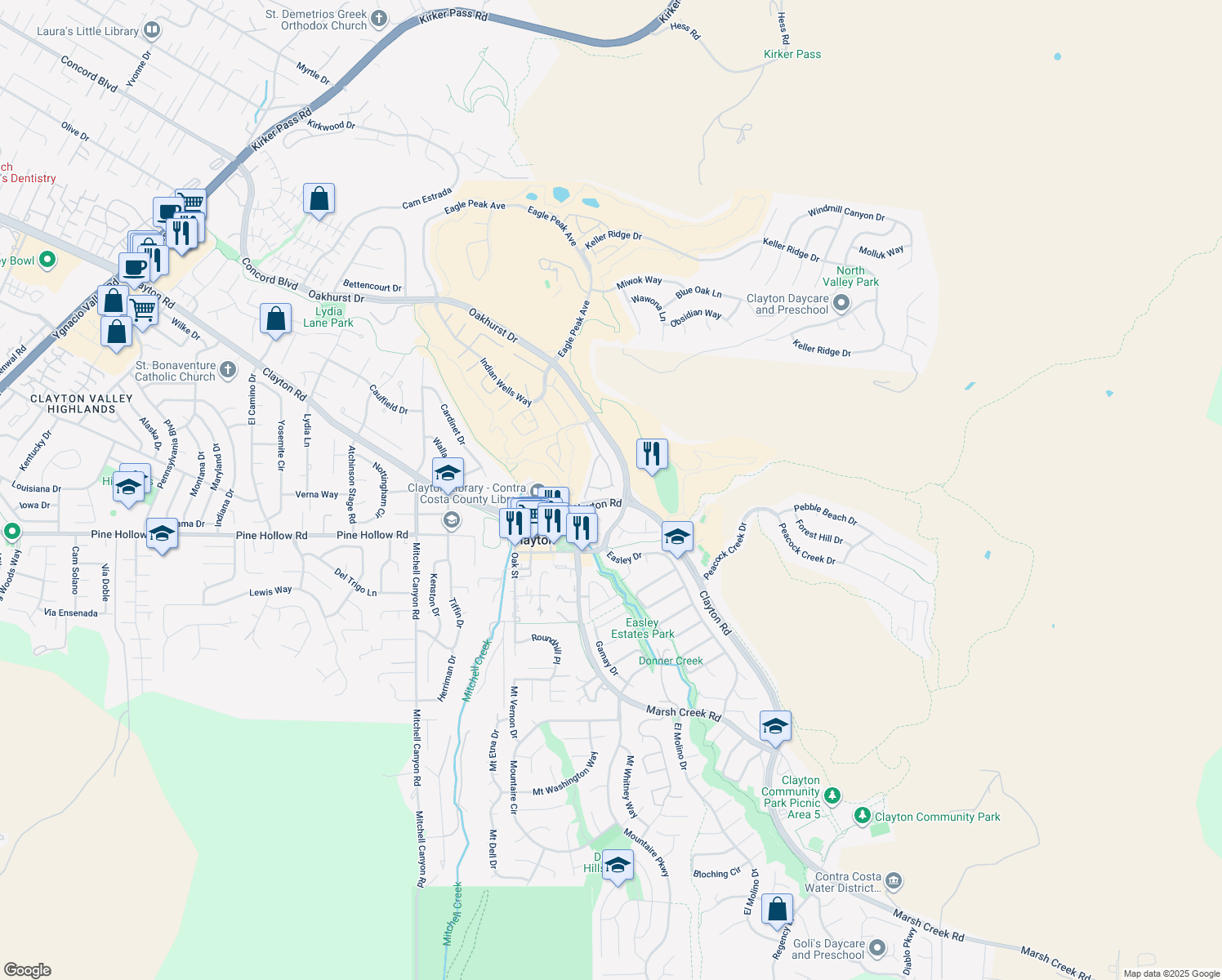 map of restaurants, bars, coffee shops, grocery stores, and more near 1183 Shell Lane in Clayton