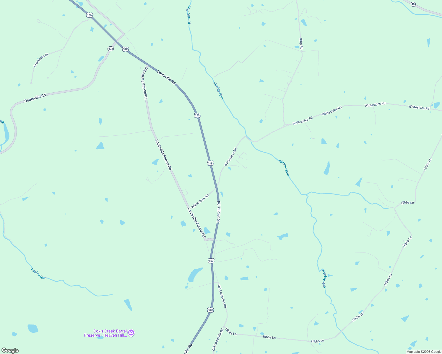 map of restaurants, bars, coffee shops, grocery stores, and more near 9567 Louisville Road in Coxs Creek