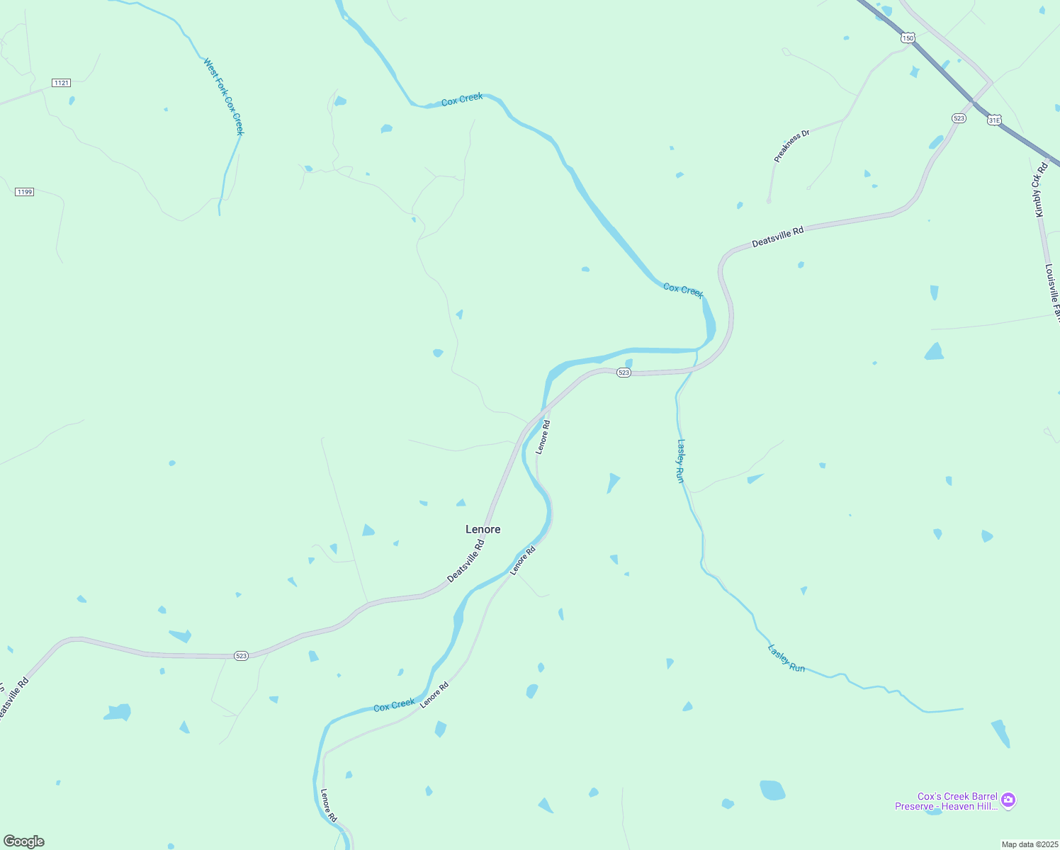 map of restaurants, bars, coffee shops, grocery stores, and more near 1 Thompson Hill Road in Coxs Creek