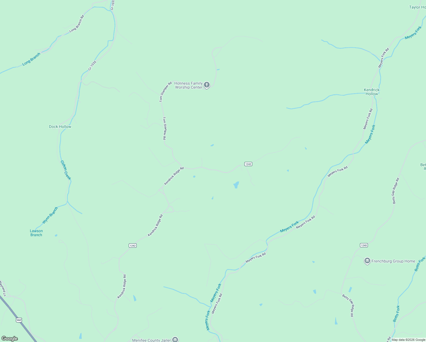 map of restaurants, bars, coffee shops, grocery stores, and more near 2302 County Road 1242 in Frenchburg