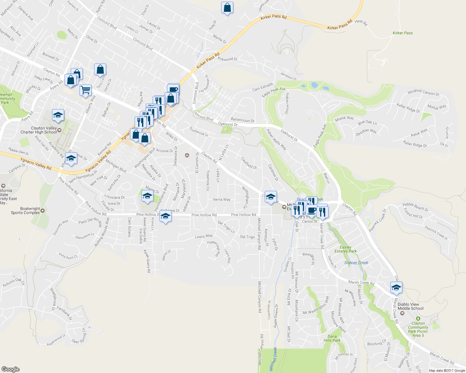 map of restaurants, bars, coffee shops, grocery stores, and more near 7 Atchinson Stage Road in Clayton