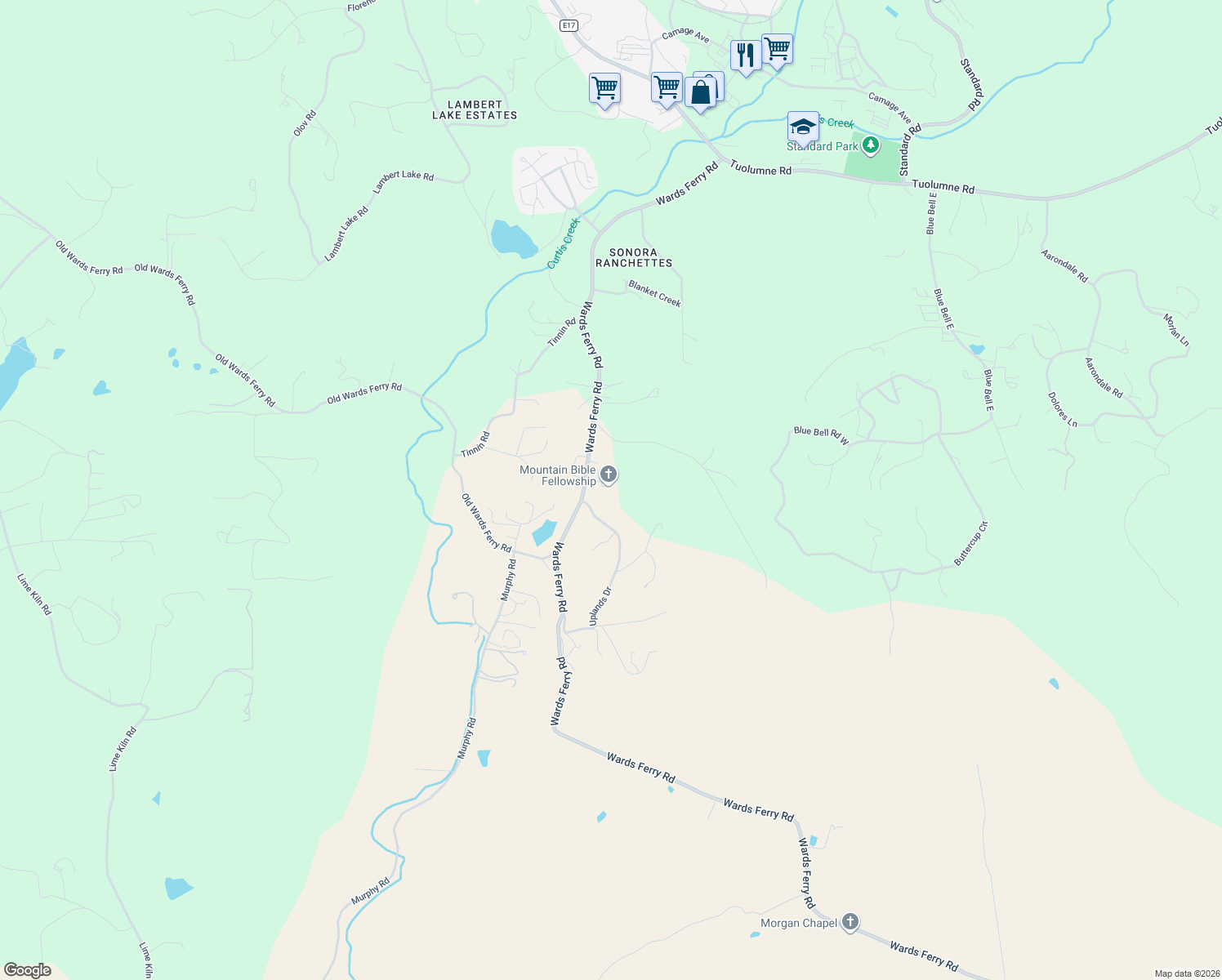 map of restaurants, bars, coffee shops, grocery stores, and more near 17745 Wards Ferry Rd in Sonora