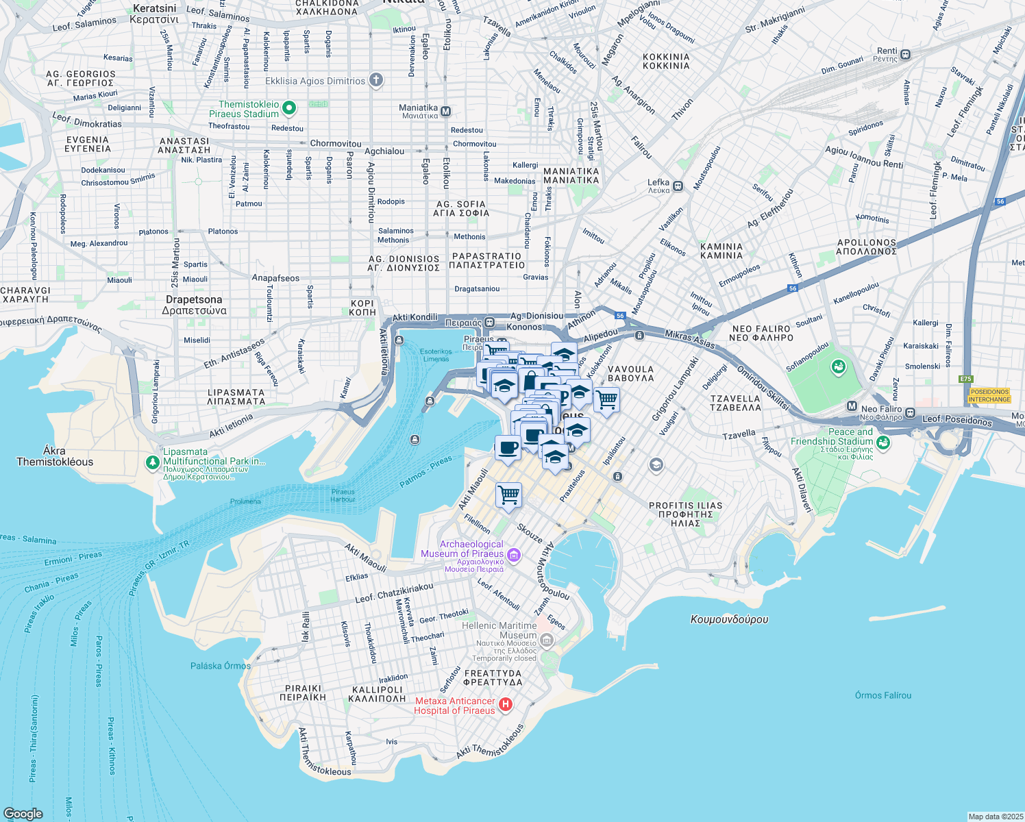 map of restaurants, bars, coffee shops, grocery stores, and more near in Pireas
