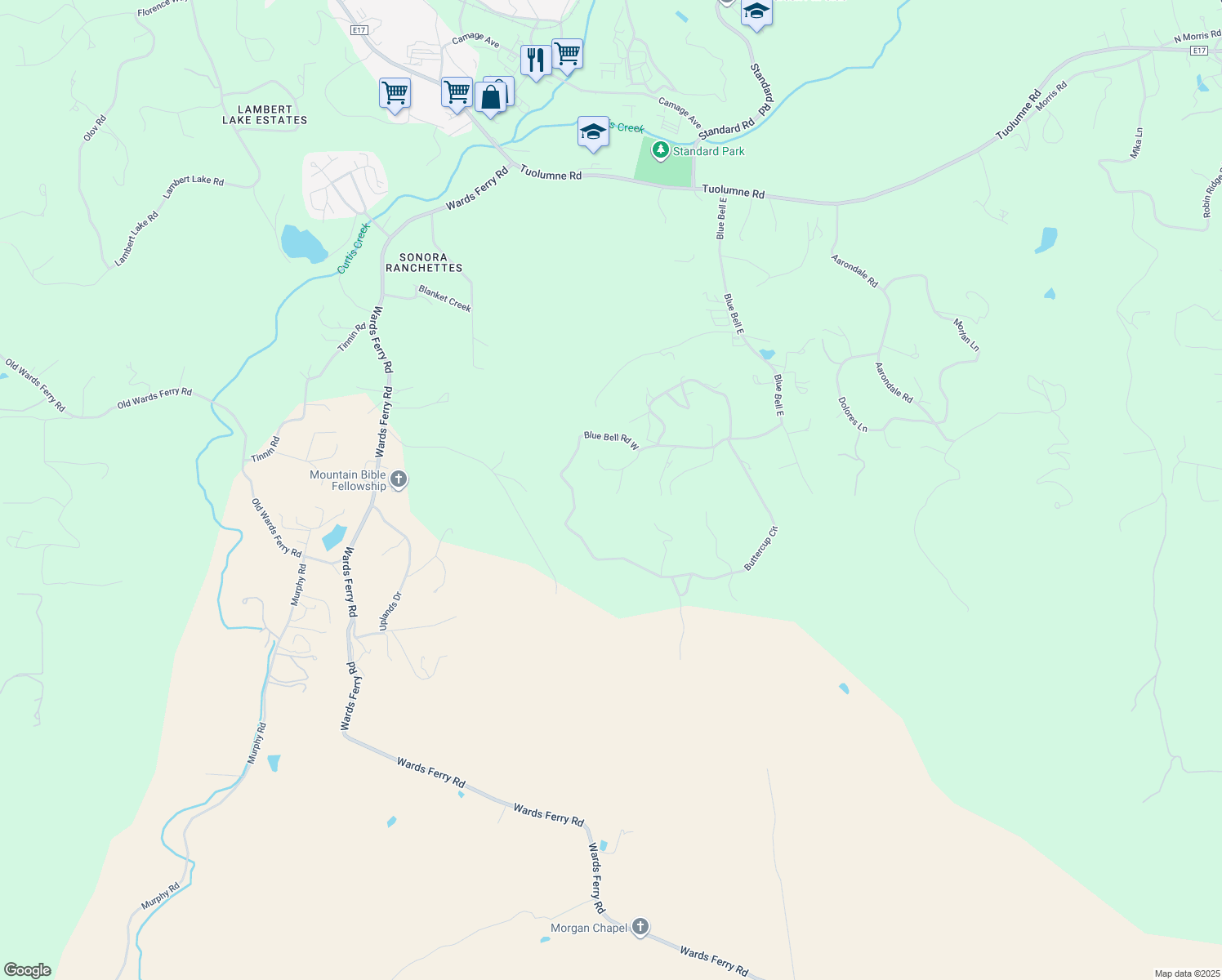 map of restaurants, bars, coffee shops, grocery stores, and more near 17730 Our Lane in Sonora