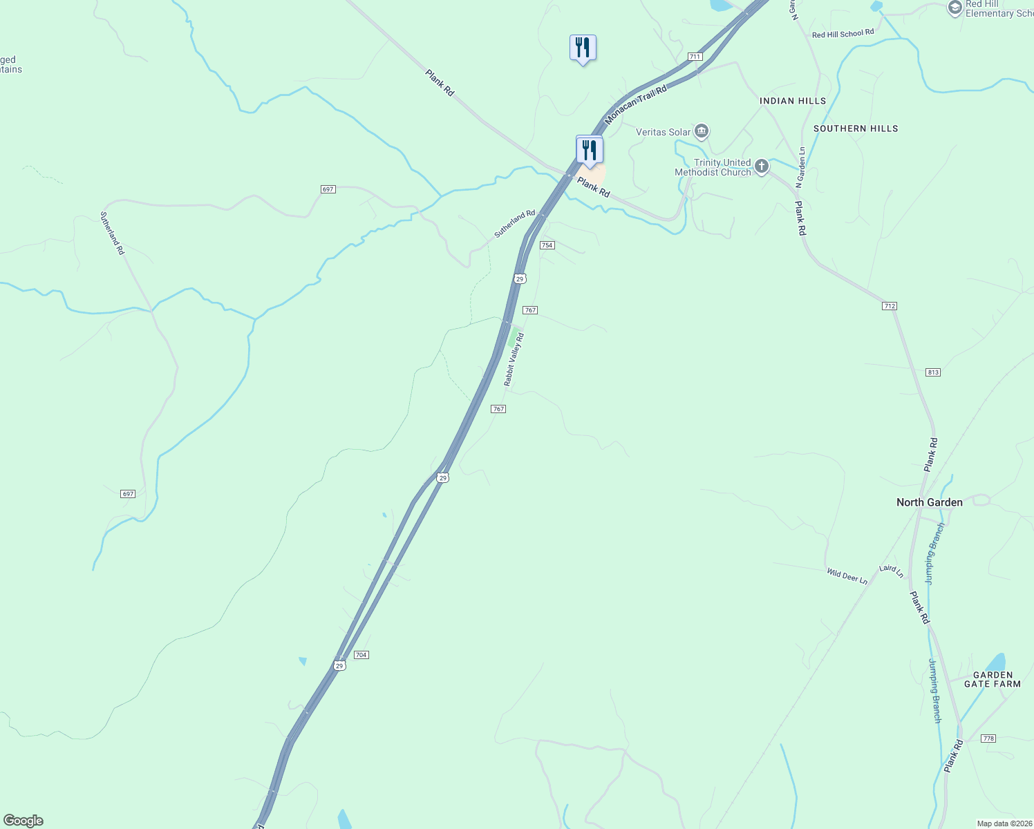 map of restaurants, bars, coffee shops, grocery stores, and more near 3279 Rabbit Valley Road in North Garden