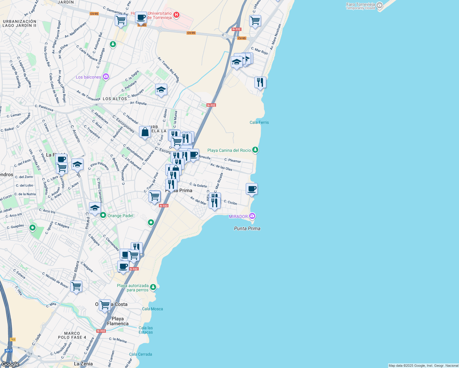map of restaurants, bars, coffee shops, grocery stores, and more near Urbanización Punta Prima in Torrevieja