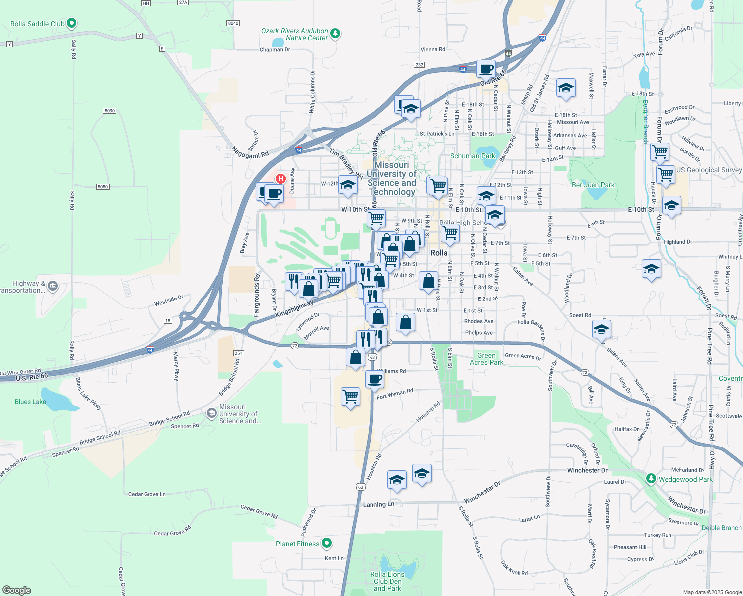 map of restaurants, bars, coffee shops, grocery stores, and more near 201 North Bishop Avenue in Rolla