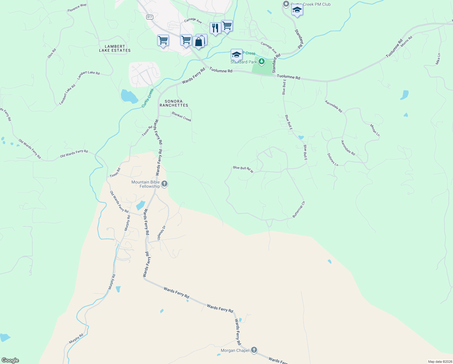 map of restaurants, bars, coffee shops, grocery stores, and more near 14870 Blue Bell Road West in Sonora