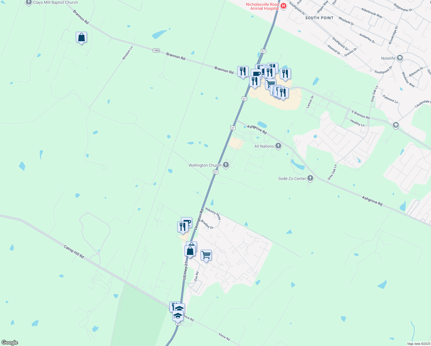 map of restaurants, bars, coffee shops, grocery stores, and more near 3224 Lexington Road in Nicholasville