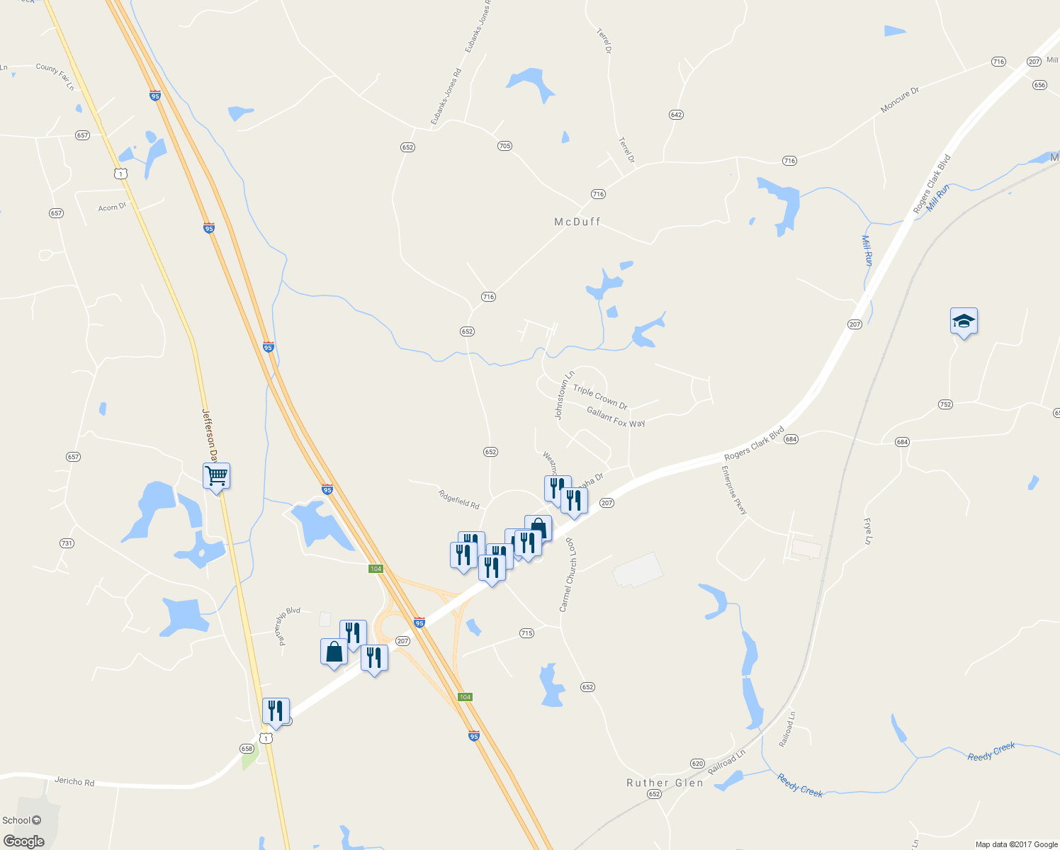 map of restaurants, bars, coffee shops, grocery stores, and more near 23180 Westwood Court in Ruther Glen