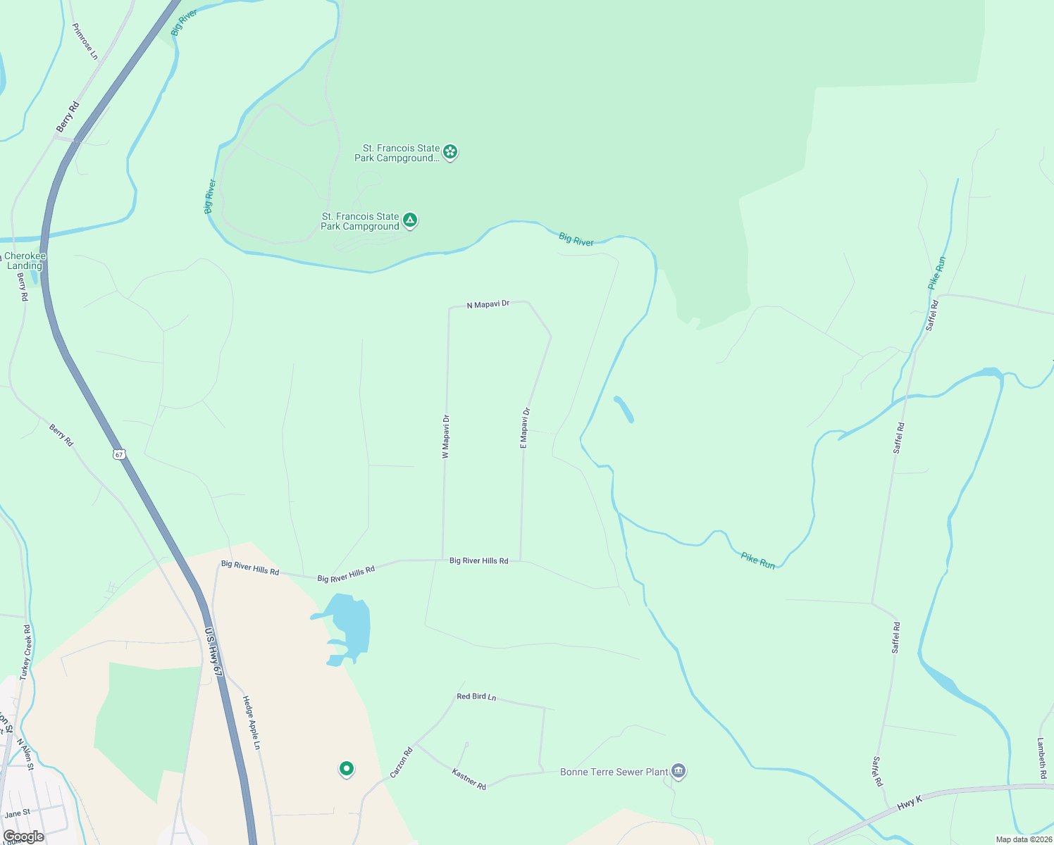 map of restaurants, bars, coffee shops, grocery stores, and more near 8395 East Mapavi Drive in Bonne Terre