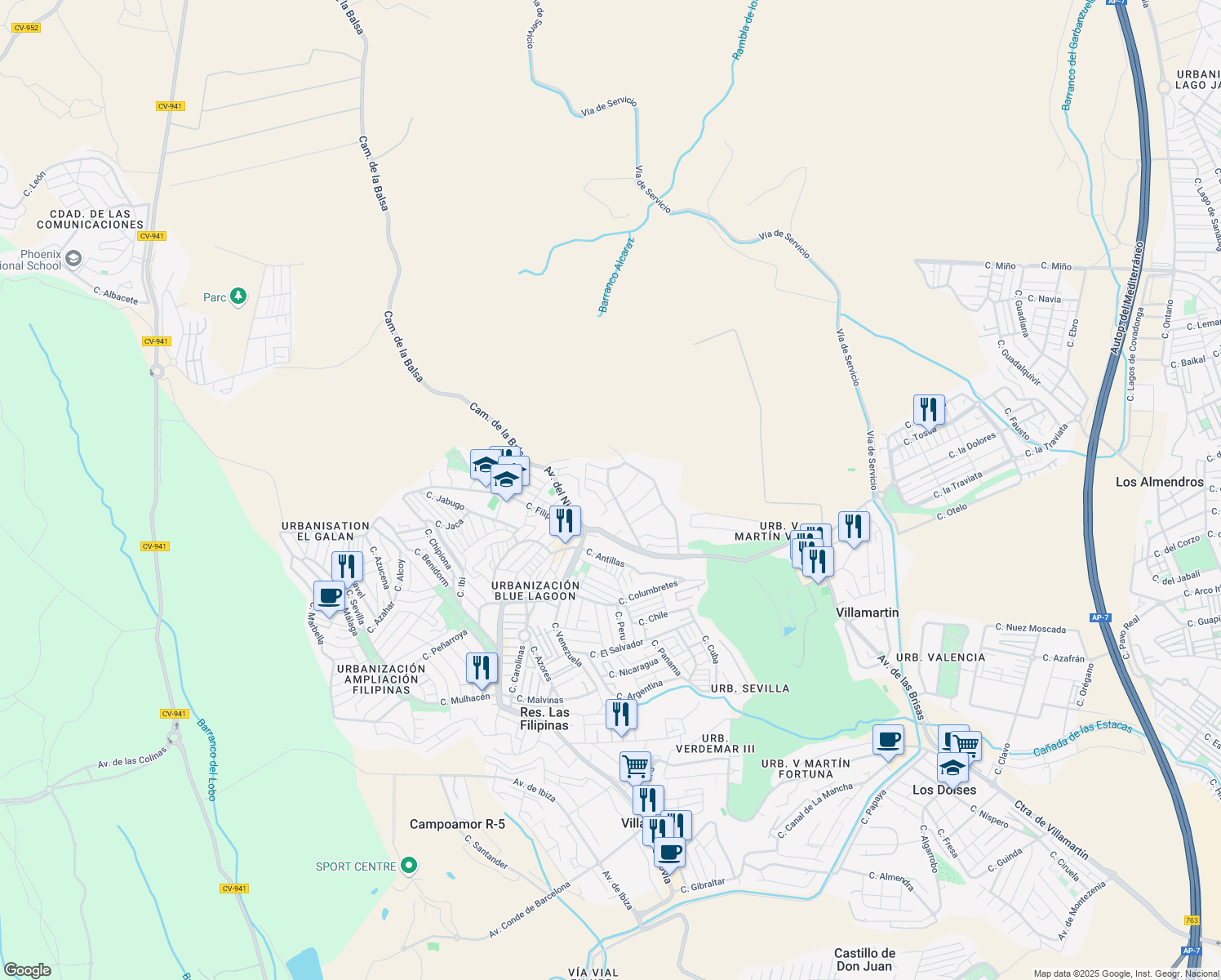 map of restaurants, bars, coffee shops, grocery stores, and more near 129 Calle los Cerezos in Villamartín