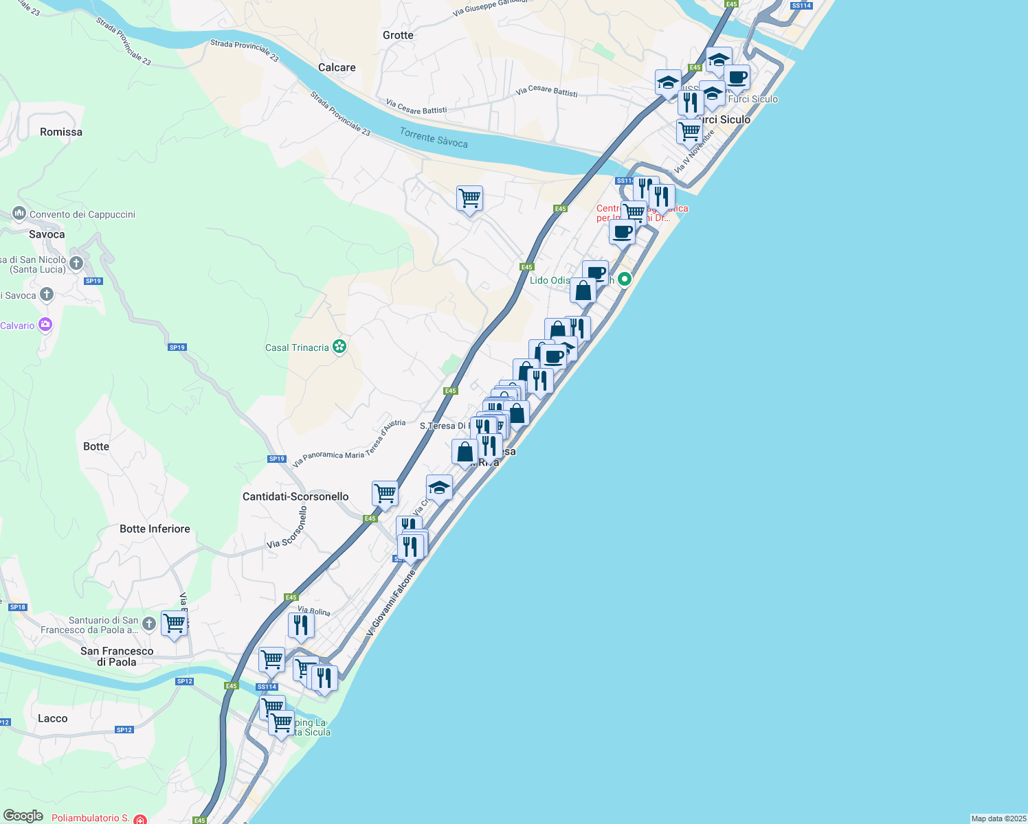 map of restaurants, bars, coffee shops, grocery stores, and more near 135 Via Regina Margherita in Santa Teresa di Riva