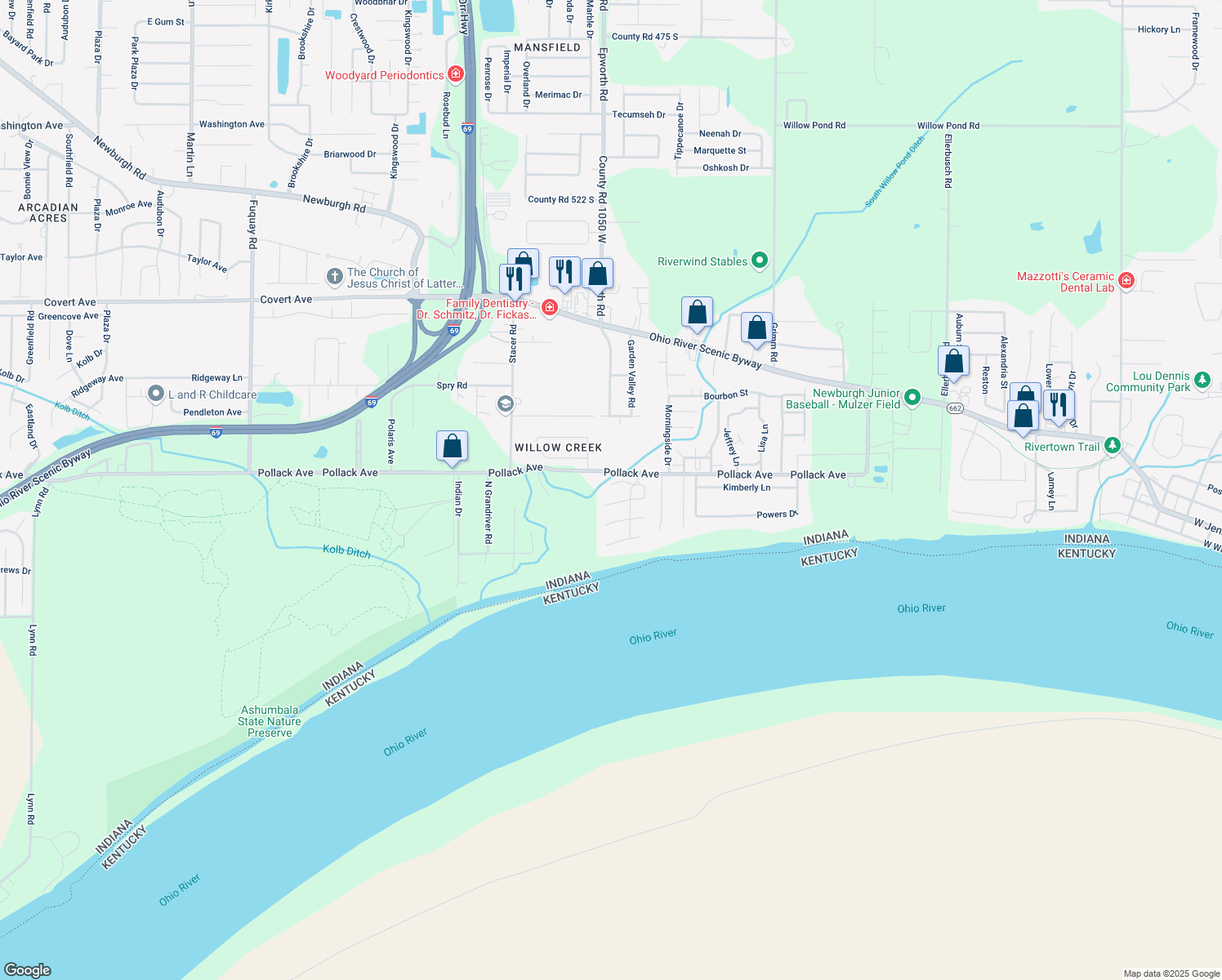 map of restaurants, bars, coffee shops, grocery stores, and more near 10455 Lauren Court in Newburgh