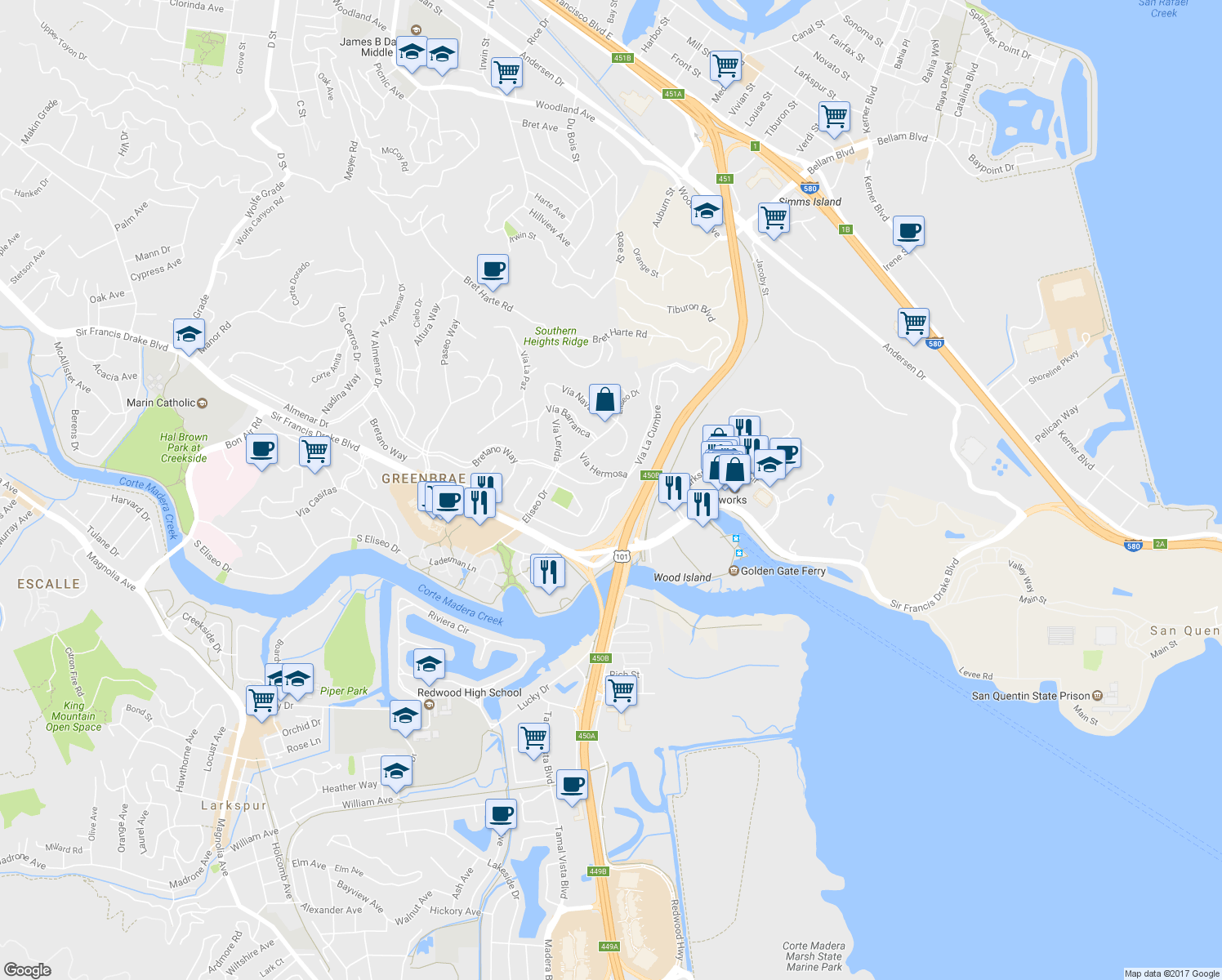 map of restaurants, bars, coffee shops, grocery stores, and more near 85 Vía La Cumbre in Larkspur
