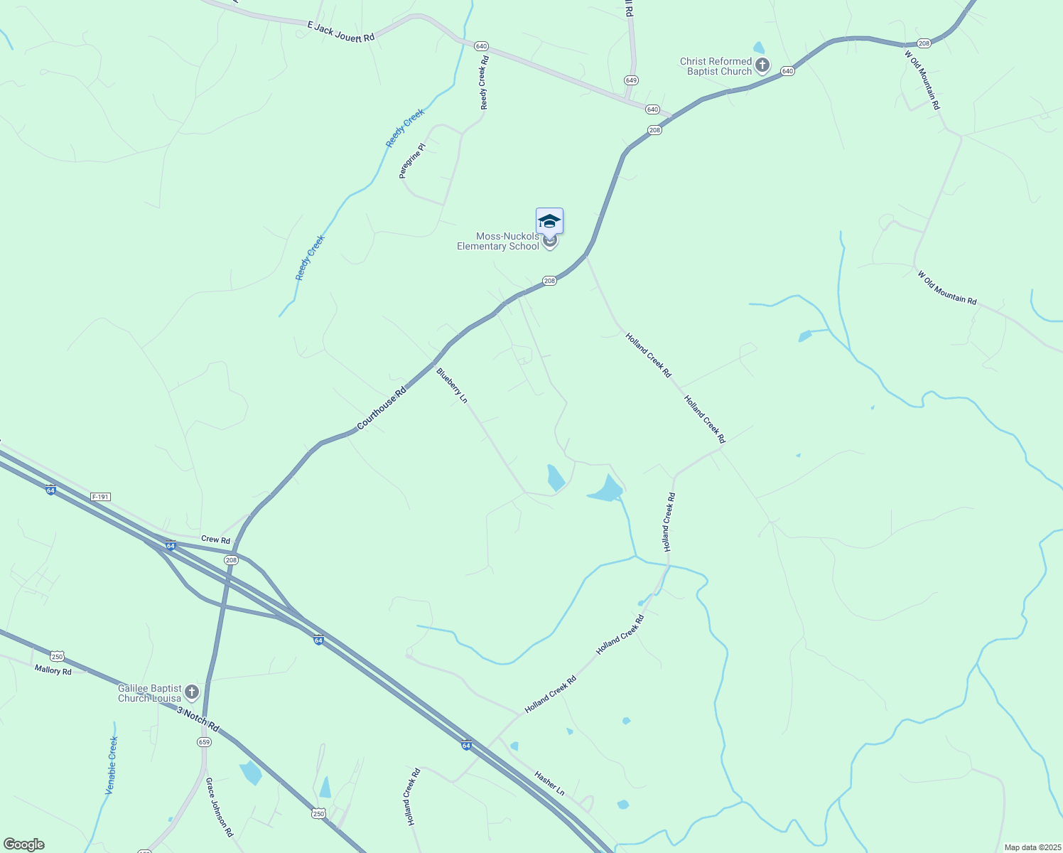 map of restaurants, bars, coffee shops, grocery stores, and more near 343 Blueberry Lane in Louisa