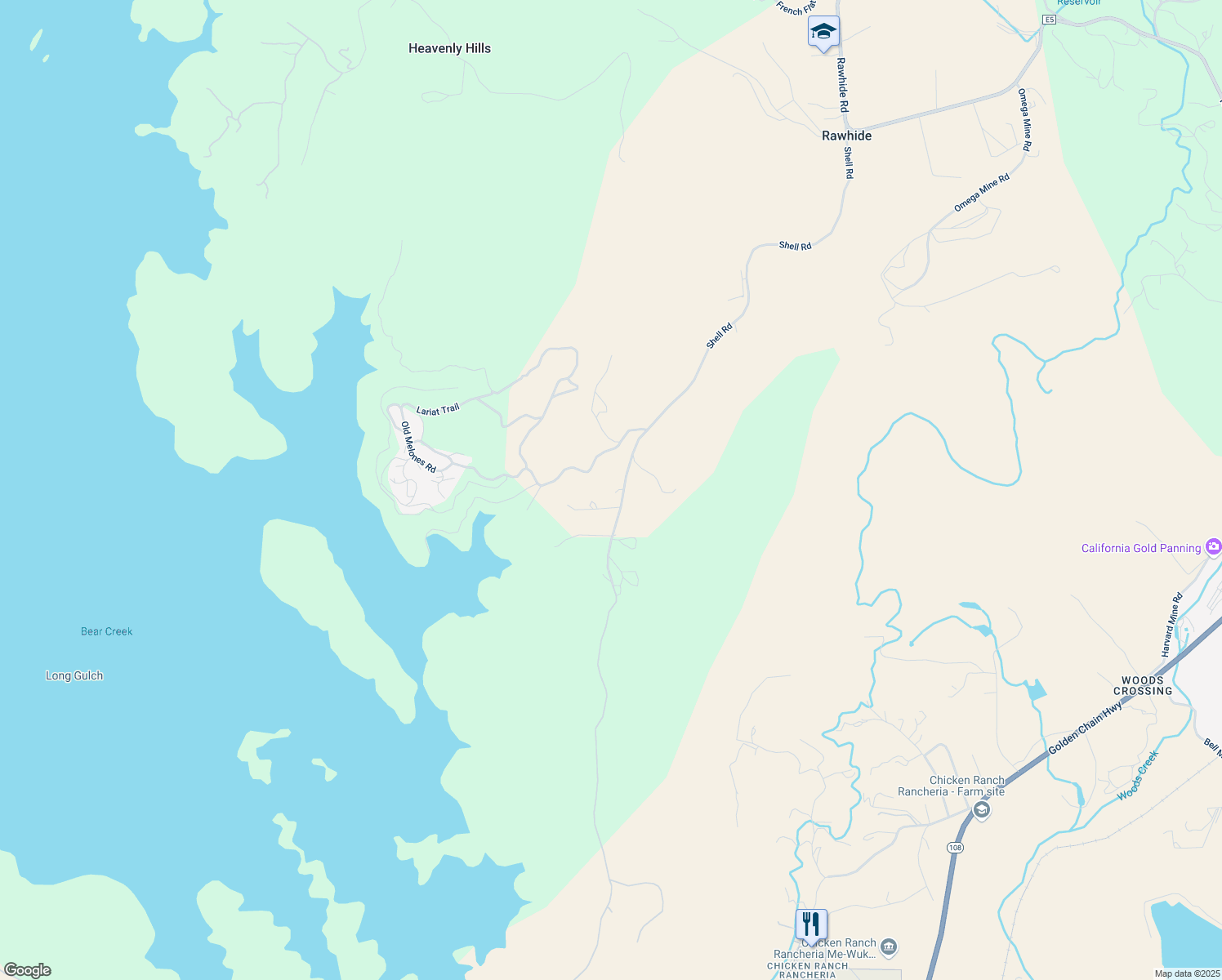 map of restaurants, bars, coffee shops, grocery stores, and more near 17940 Shell Road in Jamestown