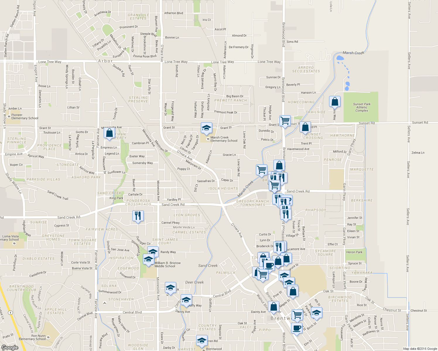 map of restaurants, bars, coffee shops, grocery stores, and more near 496 Thyme Court in Brentwood