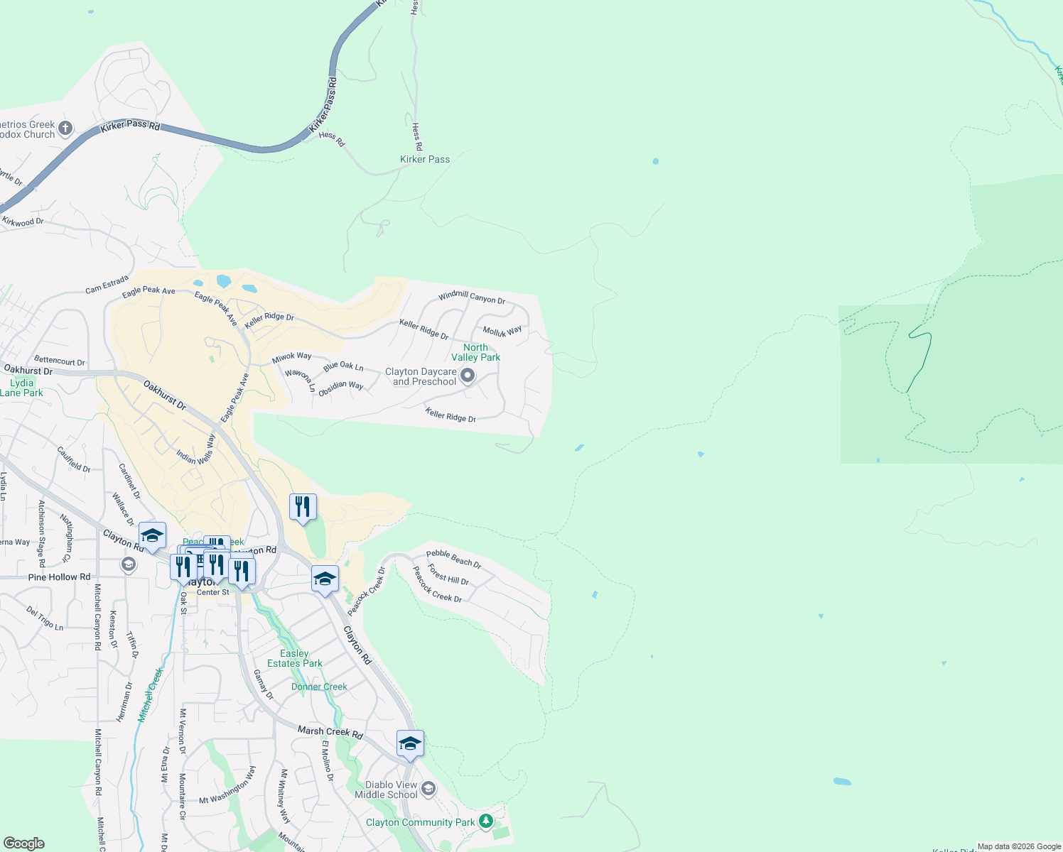 map of restaurants, bars, coffee shops, grocery stores, and more near 9013 Elk Drive in Clayton