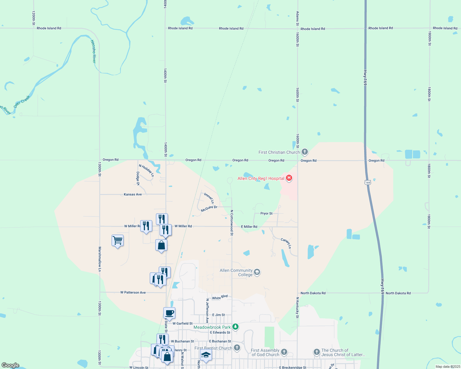 map of restaurants, bars, coffee shops, grocery stores, and more near 2607 Cedarbrook Drive in Iola