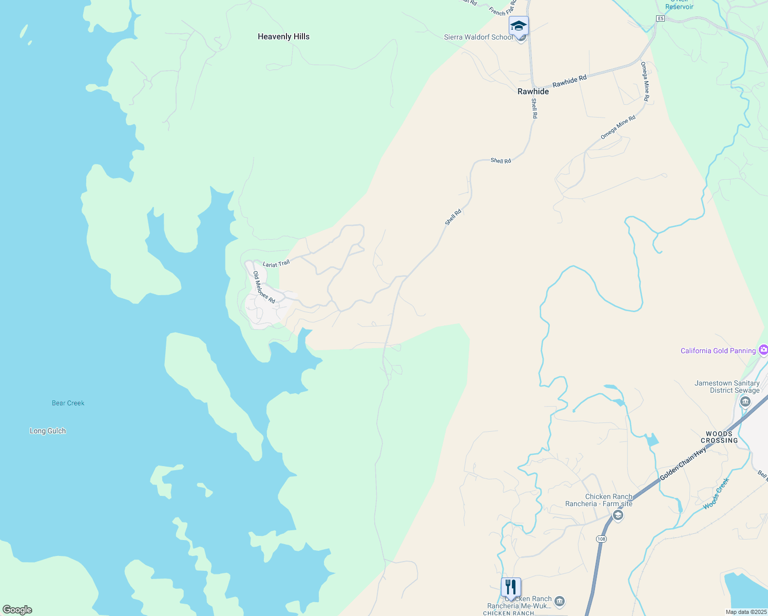 map of restaurants, bars, coffee shops, grocery stores, and more near 17940 Shell Road in Jamestown
