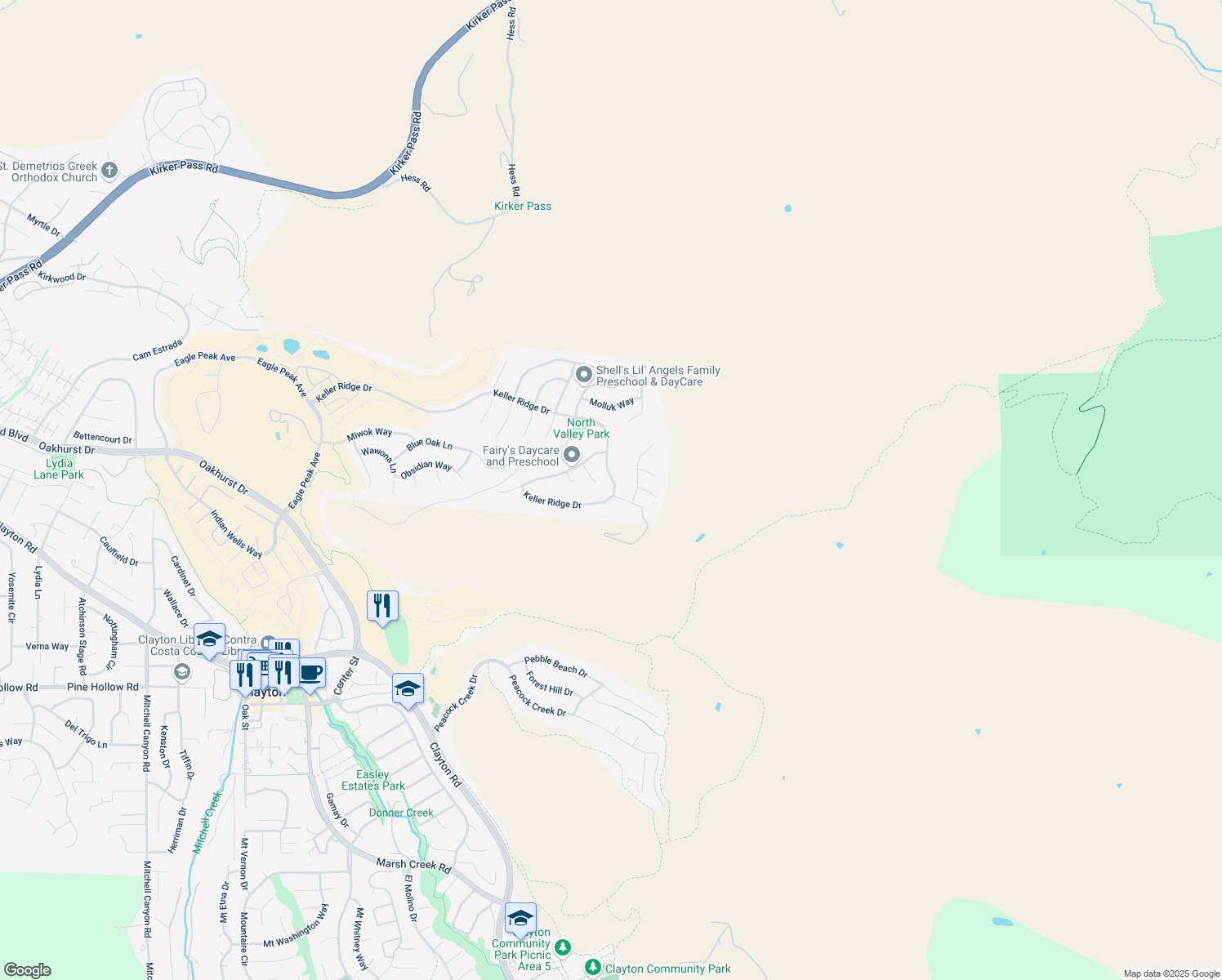 map of restaurants, bars, coffee shops, grocery stores, and more near 5192 Keller Ridge Drive in Clayton